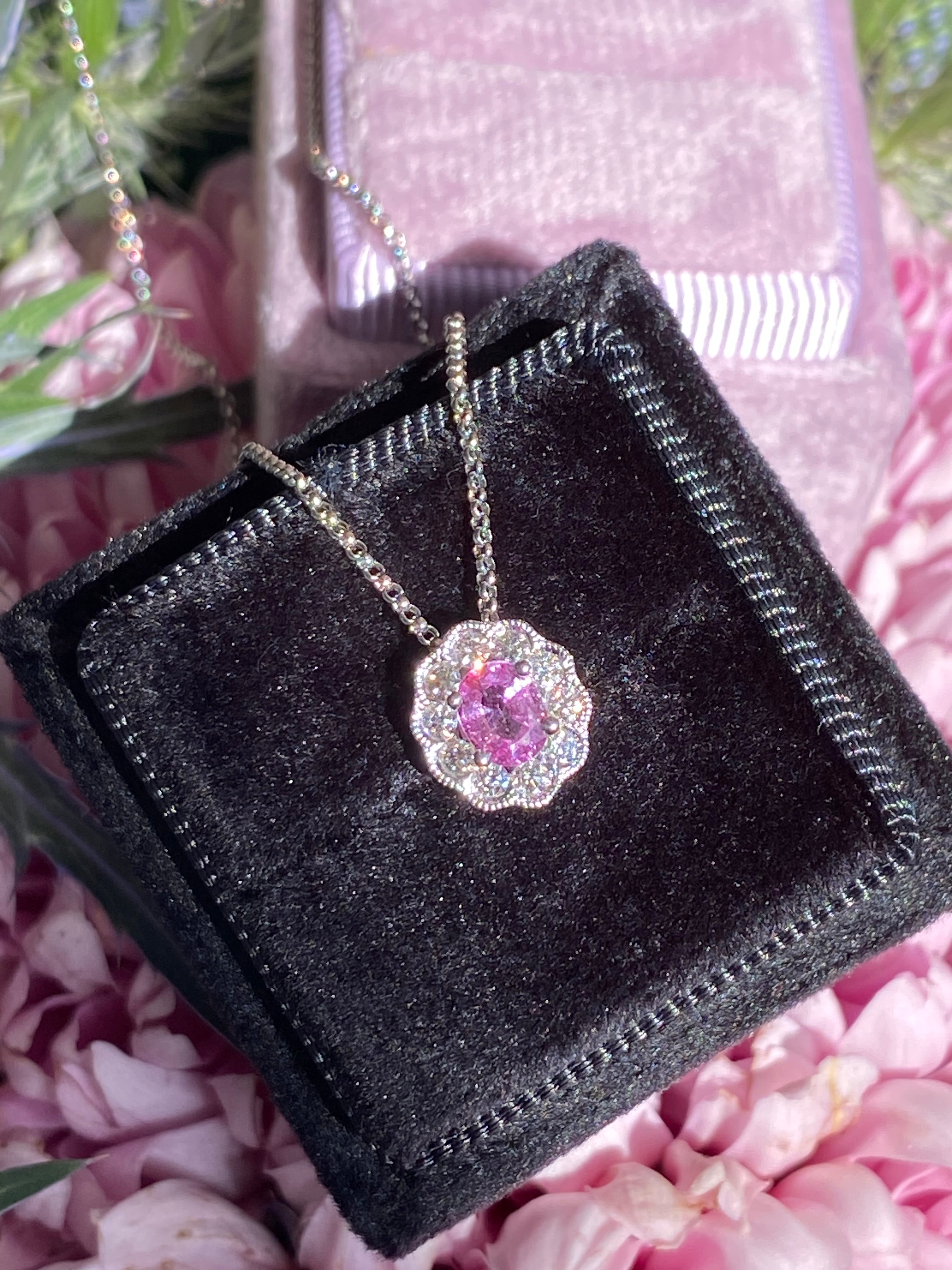 0.70 CTW Pink Sapphire and Natural Diamond Pendant Necklace in 18ct White Gold