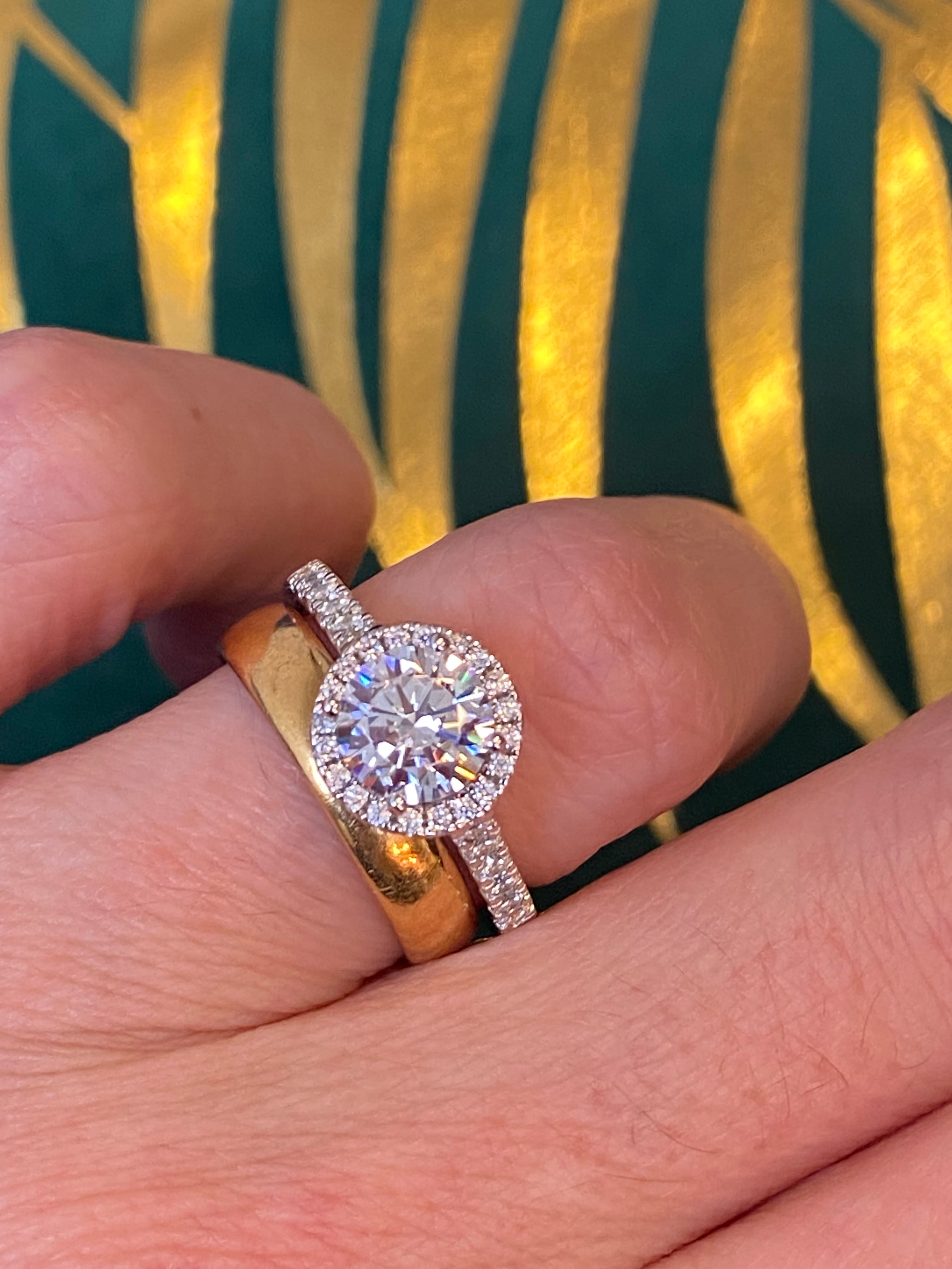 Round Cut Moissanite Halo Engagement and Wedding / Eternity Ring Set in Sterling Silver