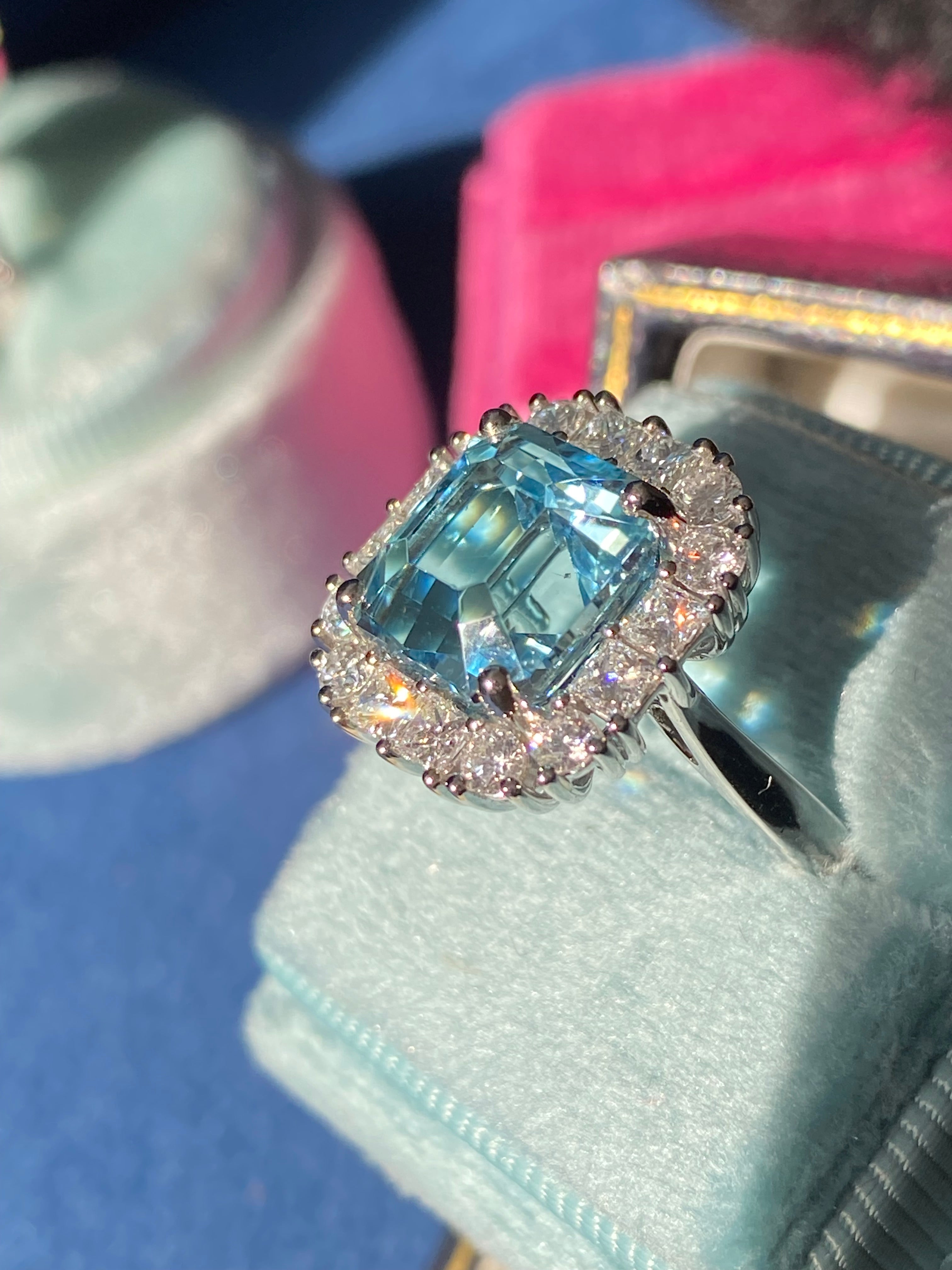 6.11 CTW Emerald Cut Aquamarine and Natural Diamond Halo Engagement Ring in Platinum