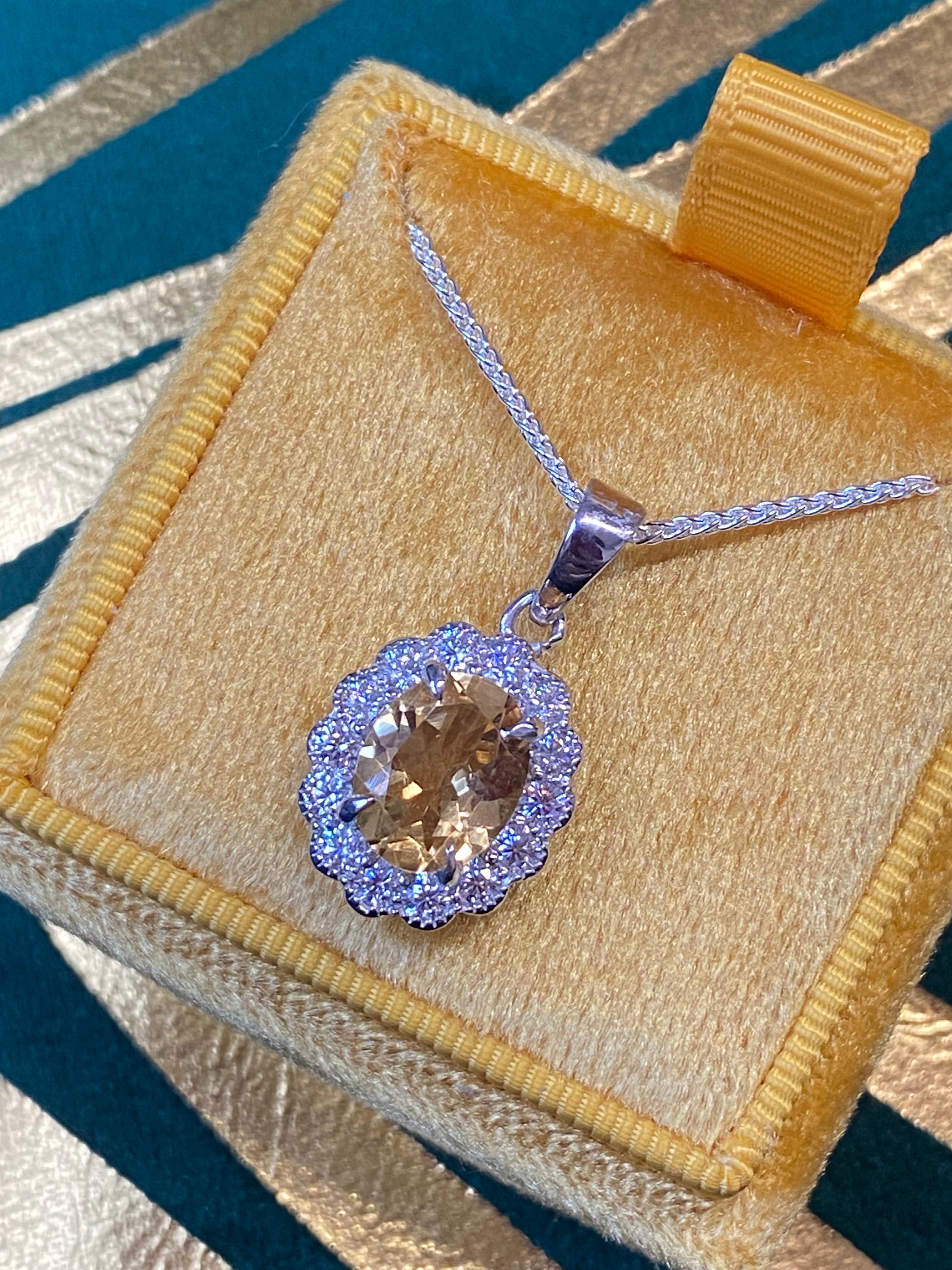 5.00 CTW Citrine and Moissanite Halo Pendant Necklace in Sterling Silver