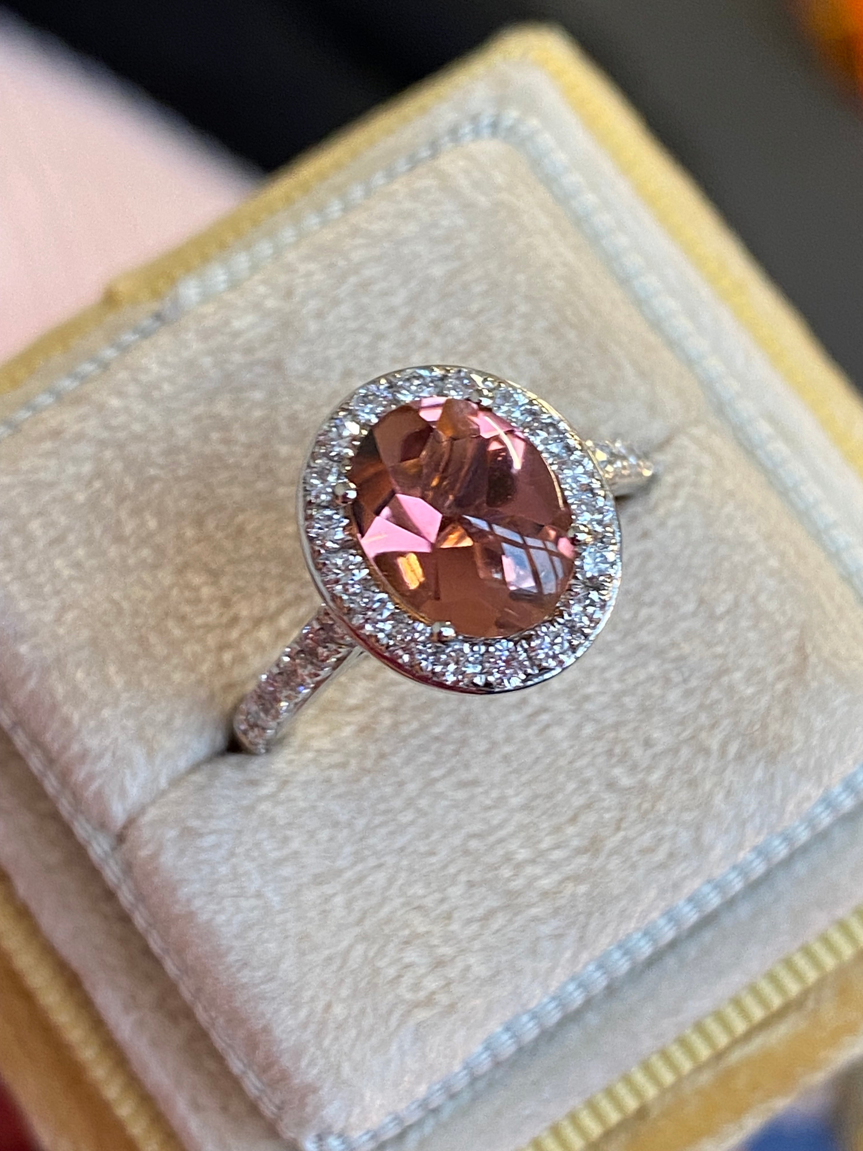 2.23 CTW Cabochon Cut Pink Tourmaline and Natural Diamond Ring in Platinum