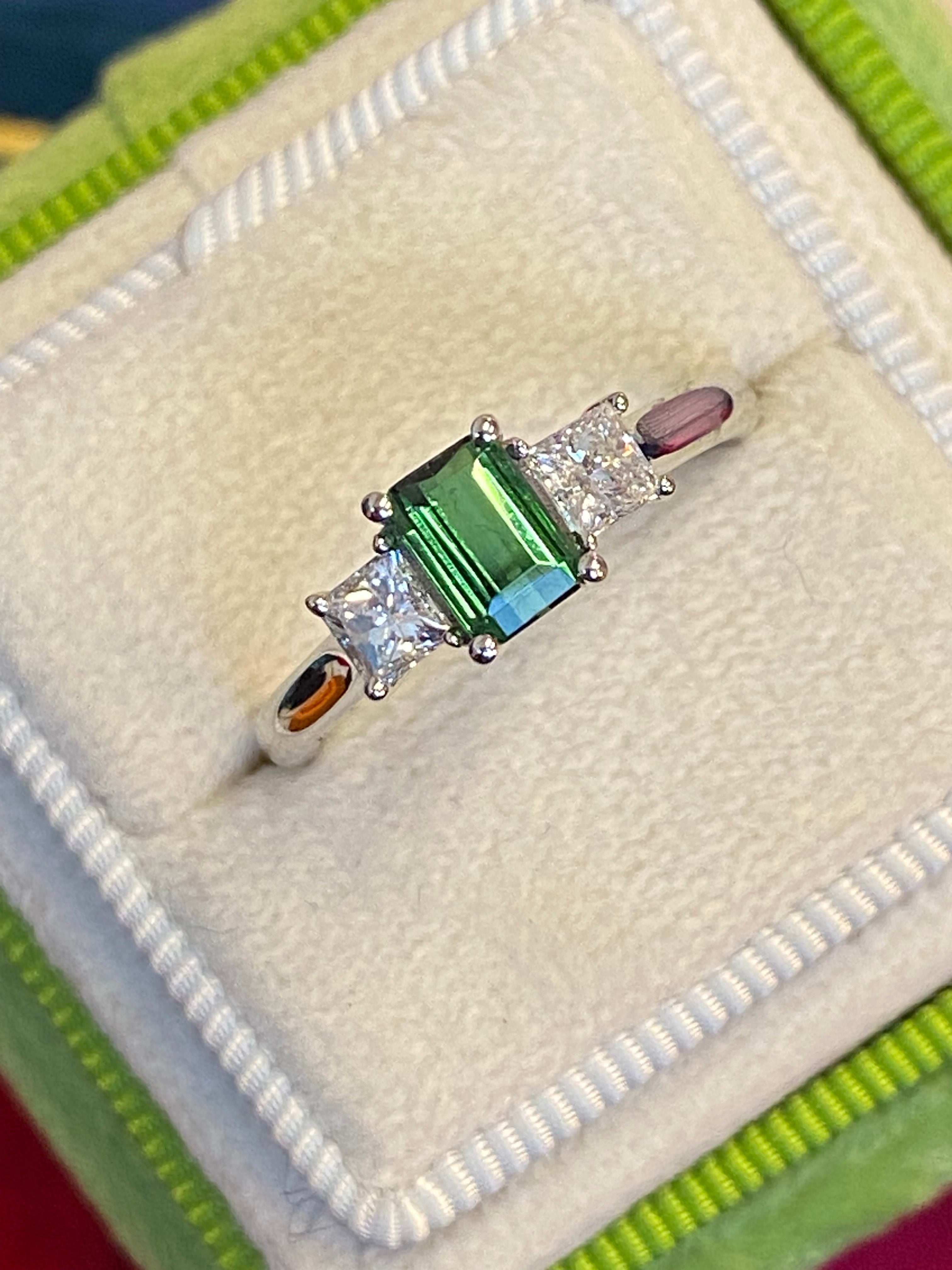 Beautiful Green Tourmaline and Natural Diamond Three Stone Ring in Platinum