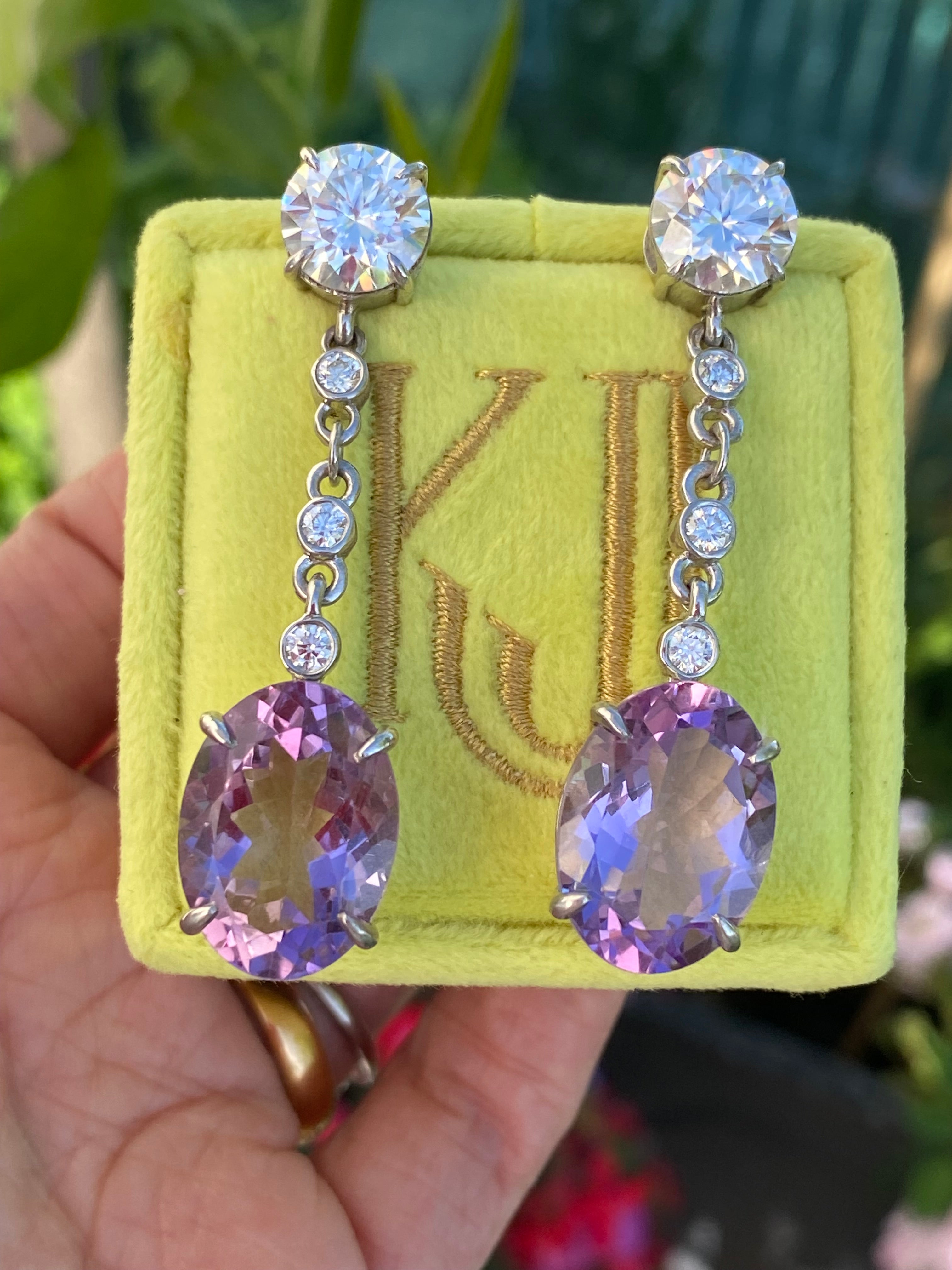 28.00 Carat Oval Cut Rose de France Amethyst and Moissanite Earrings in Sterling Silver