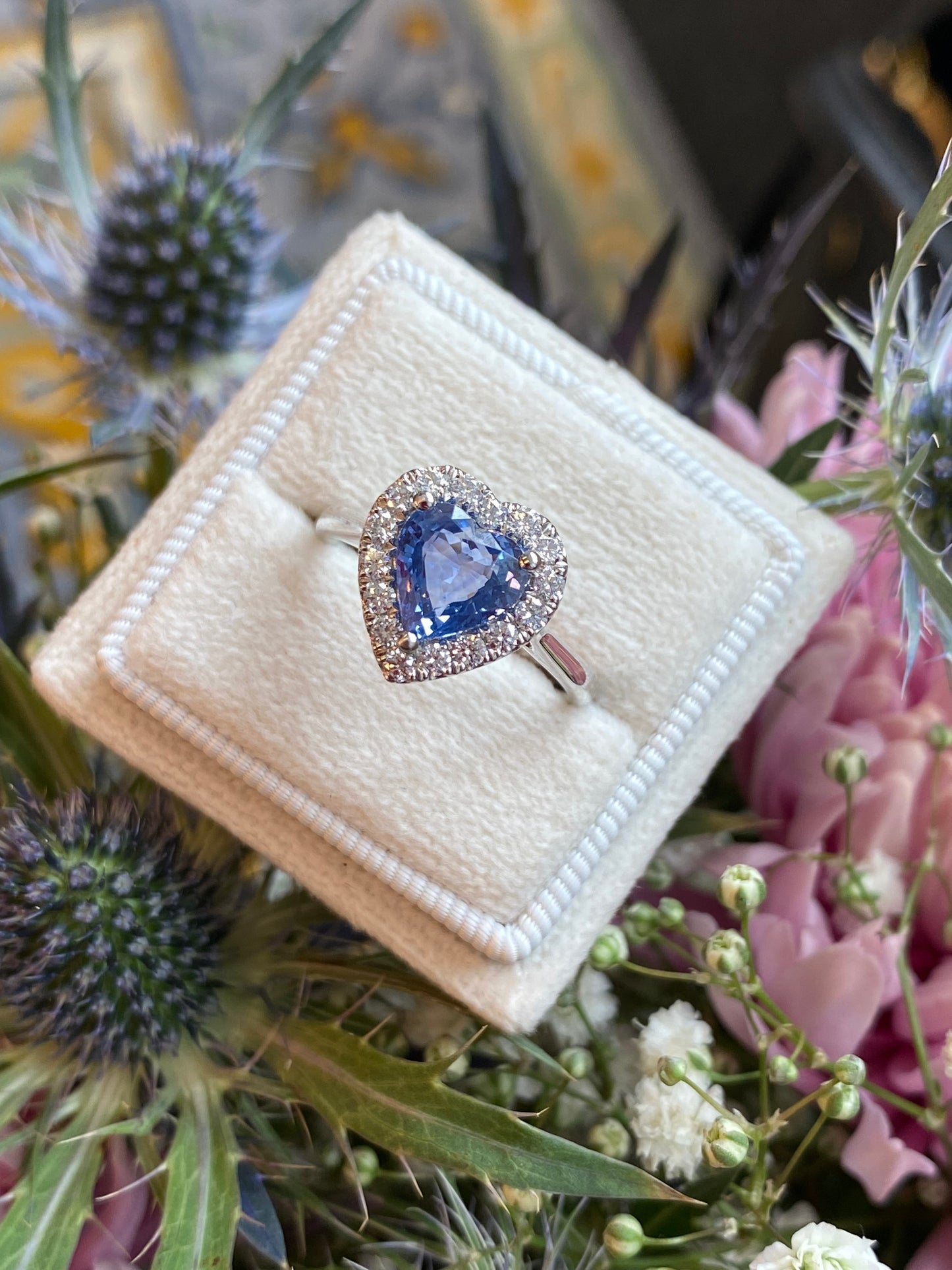 2.06 Carat Heart Shape Ceylon Sapphire and Natural Diamond Halo Ring in Platinum