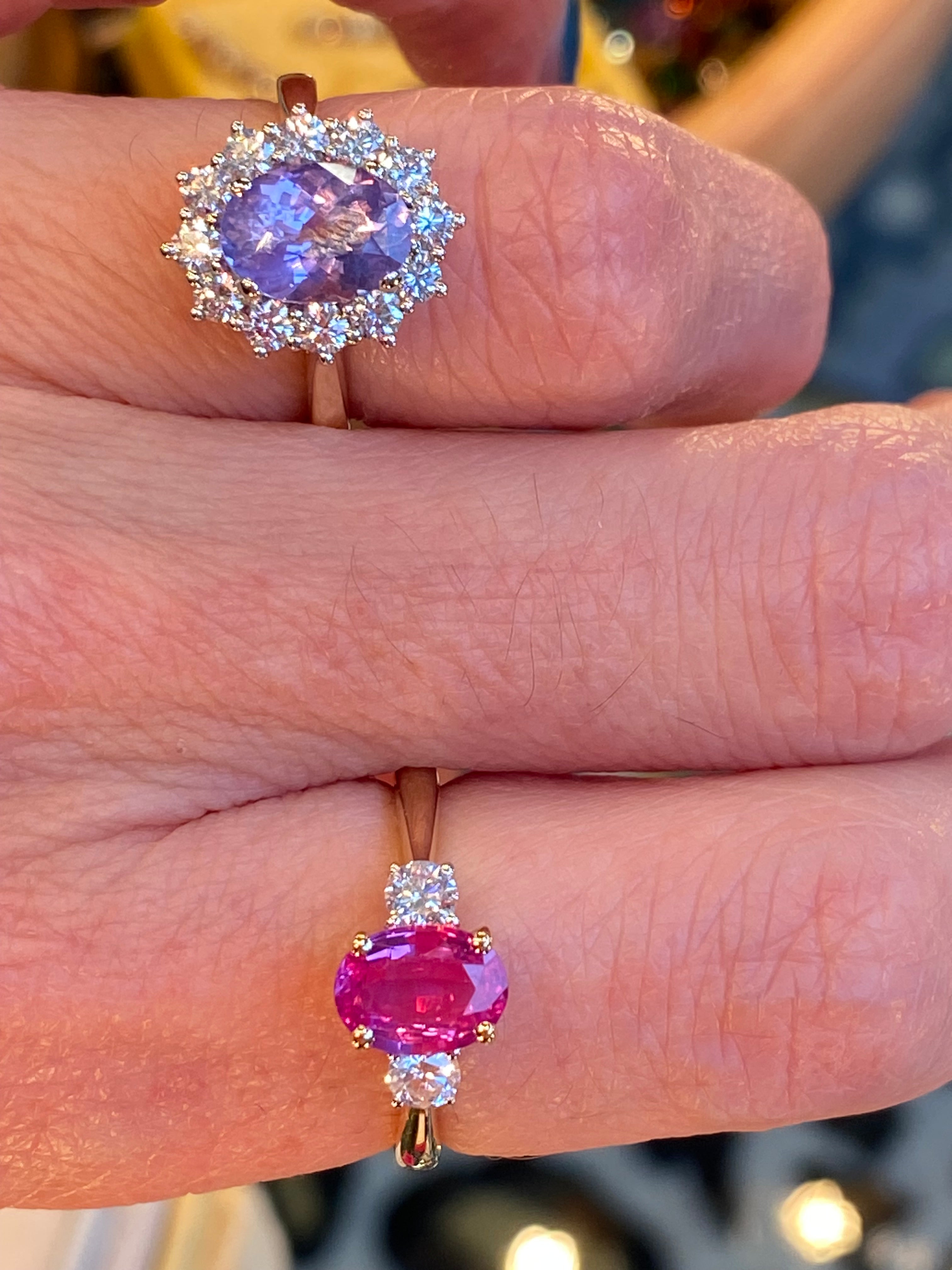 1.23 Carat No Heat Ceylon Pink Sapphire and Natural Diamond Three Stone Engagement Ring in Platinum and 18ct Yellow Gold