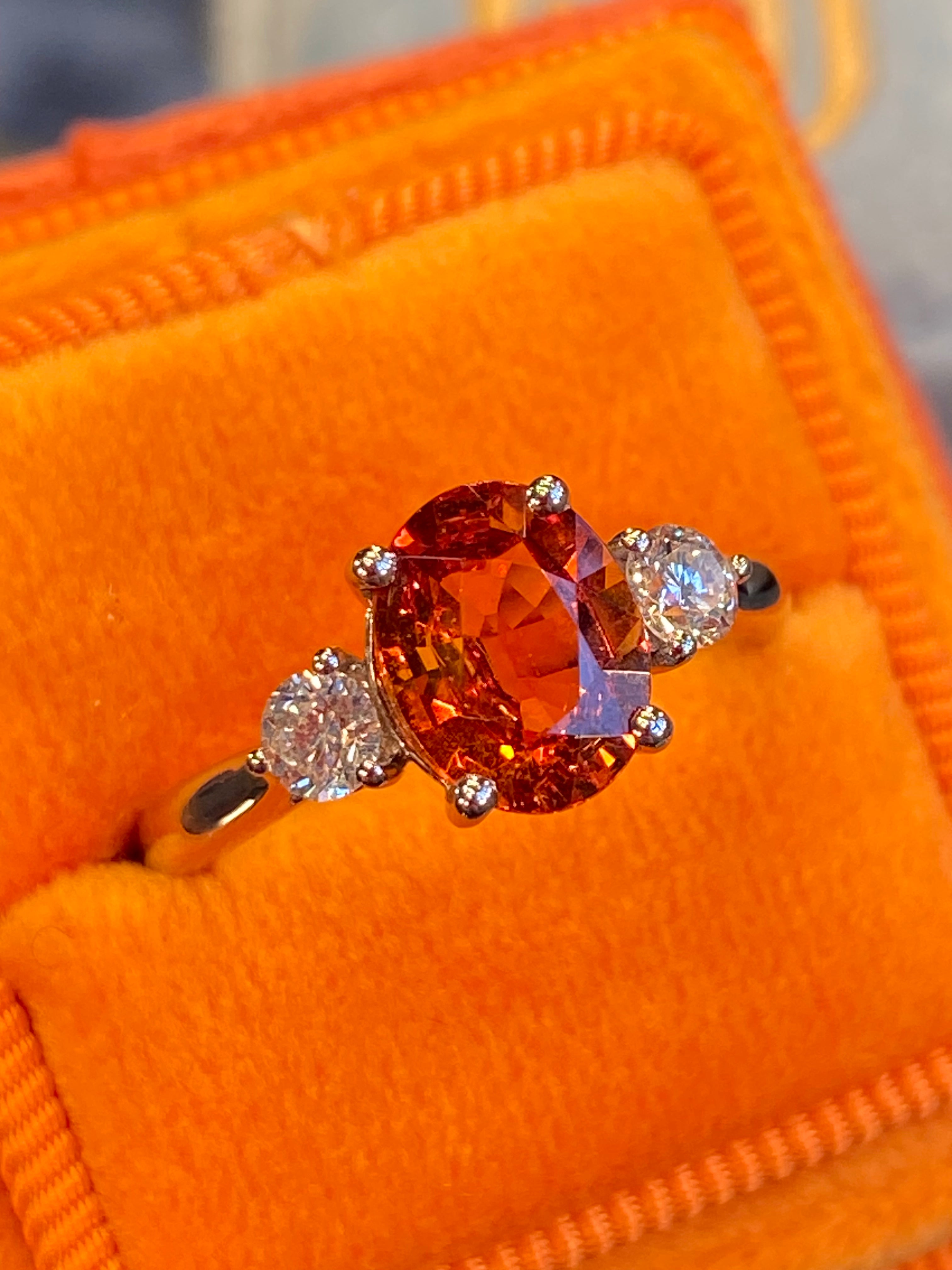 2.42 CTW Mandarin Garnet and Natural Diamond Three Stone Ring in Platinum