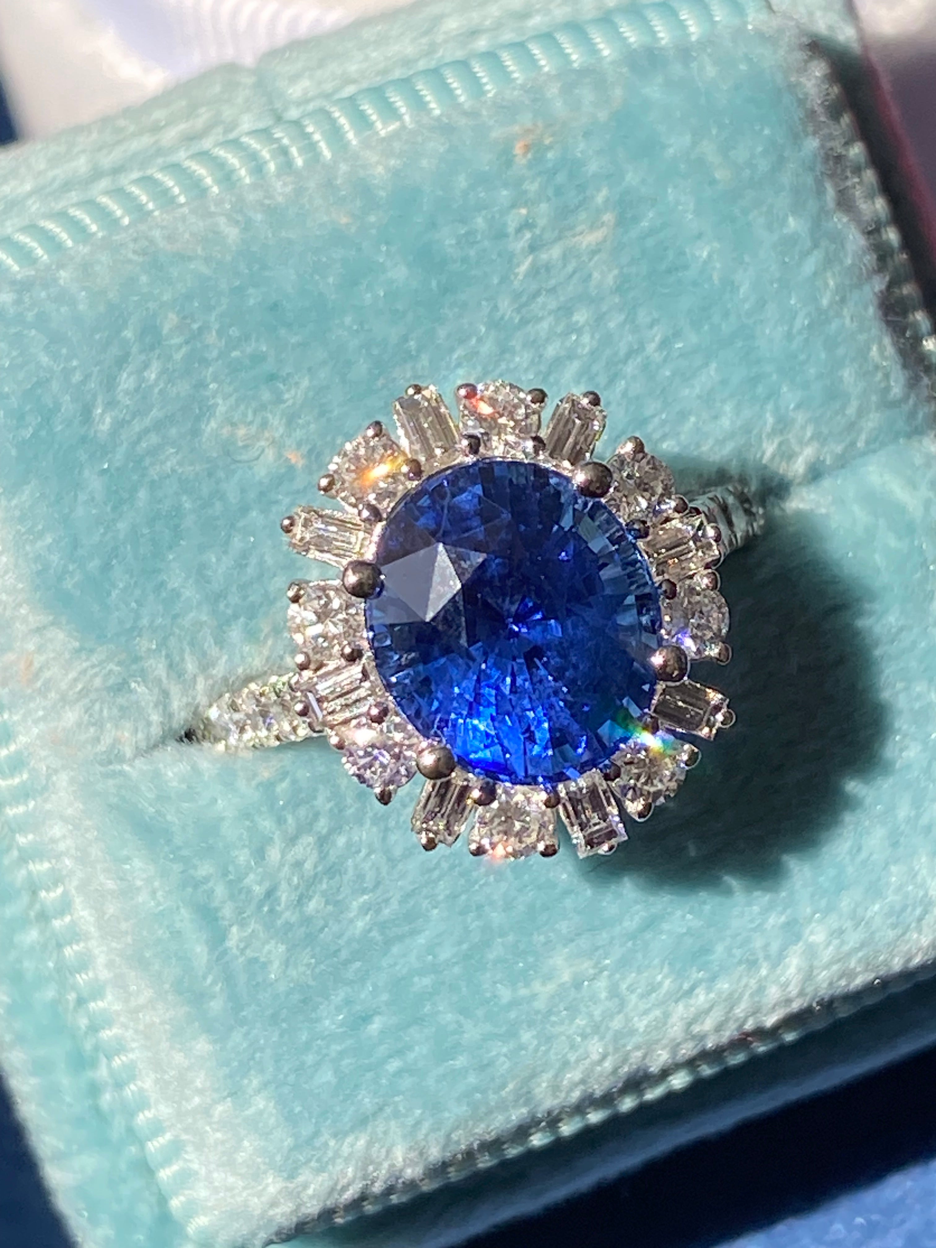 3.72 Carat Blue Ceylon Sapphire and 0.91ctw Natural Diamond Halo Ring in Platinum