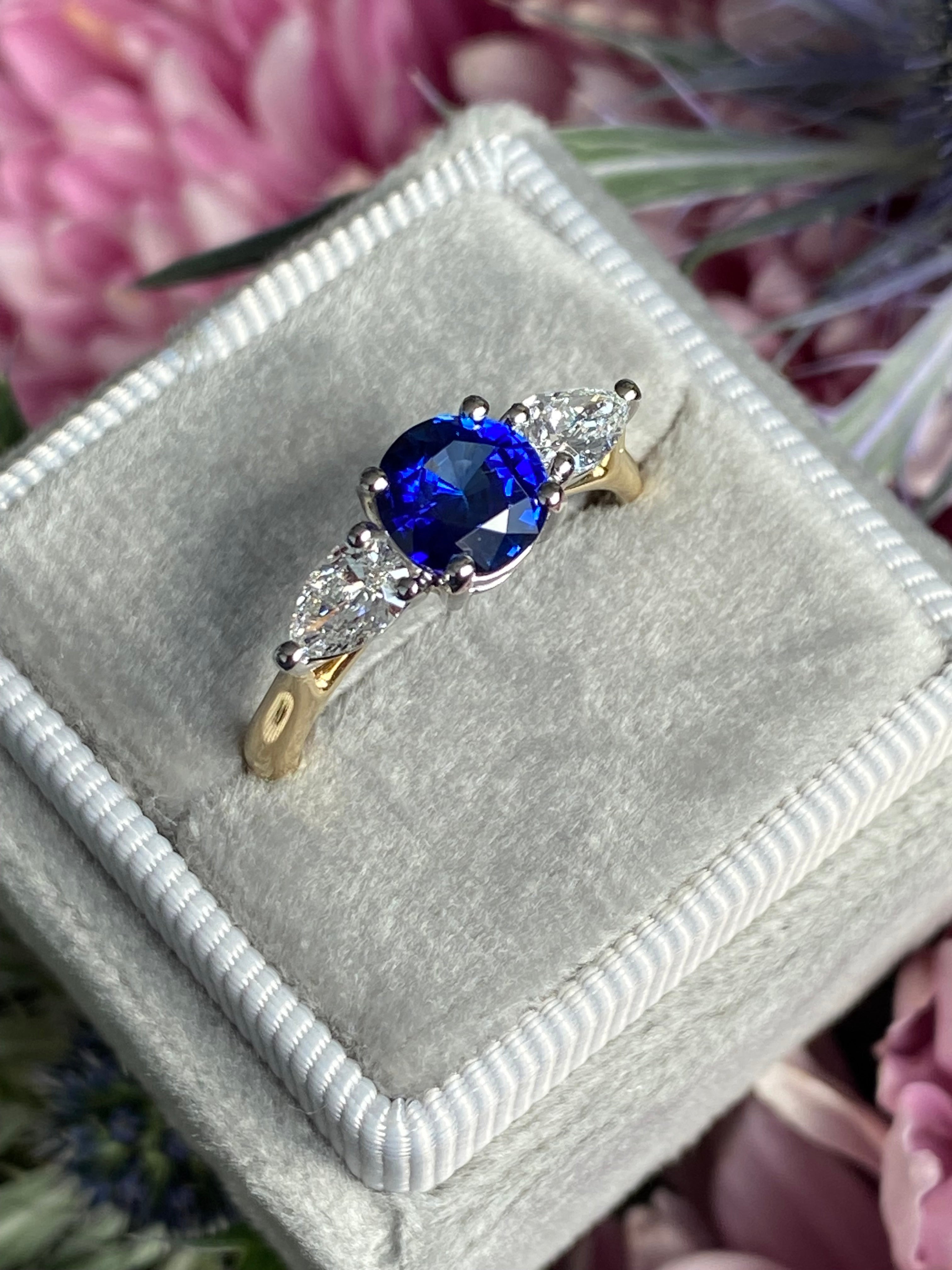 1.52 CTW Blue Ceylon Sapphire and Natural Diamond Three Stone Engagement Ring in Platinum and 18ct Yellow Gold