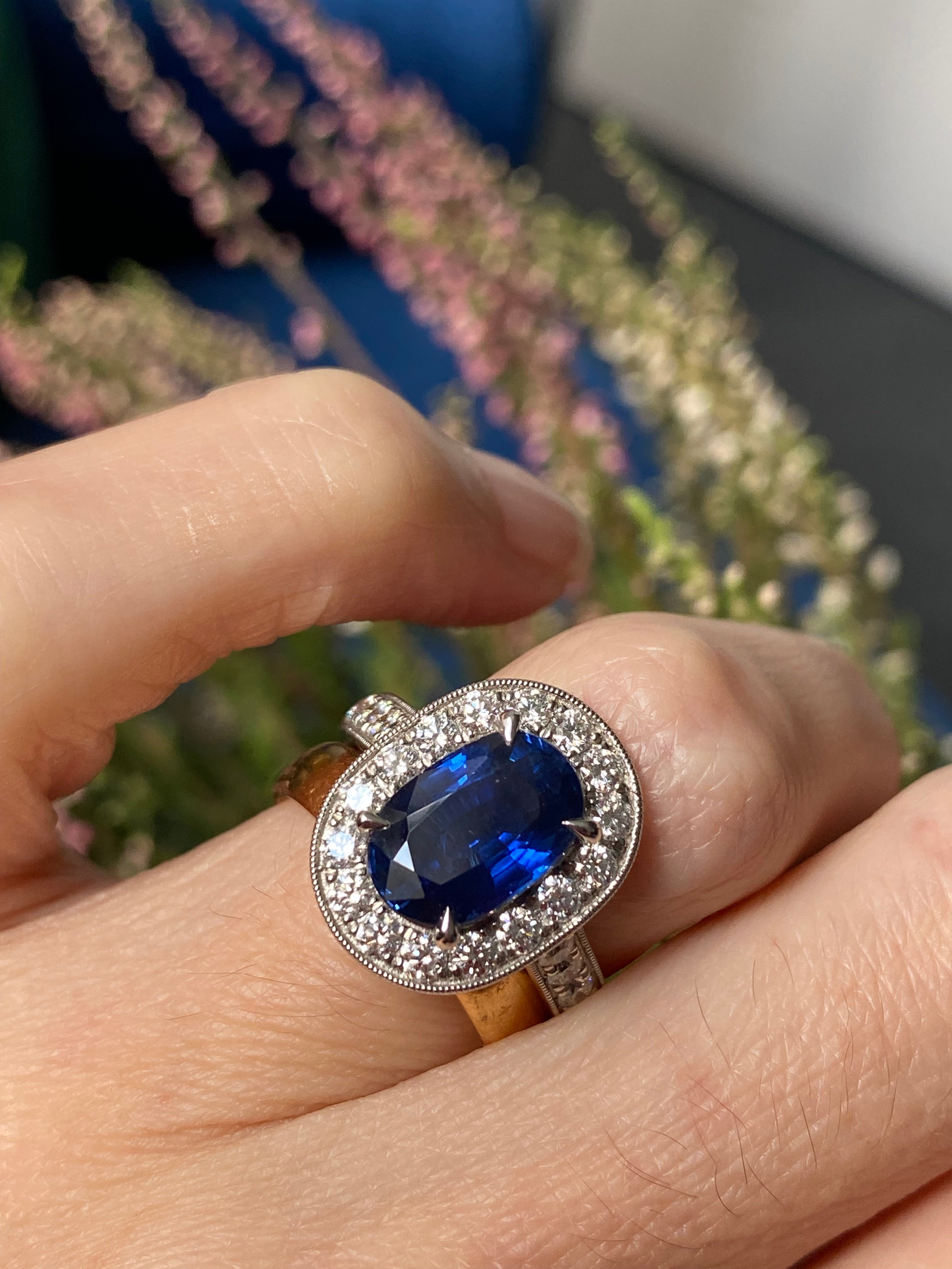 3.61 Carat Blue Ceylon Sapphire and Natural Diamond Halo Ring in Platinum
