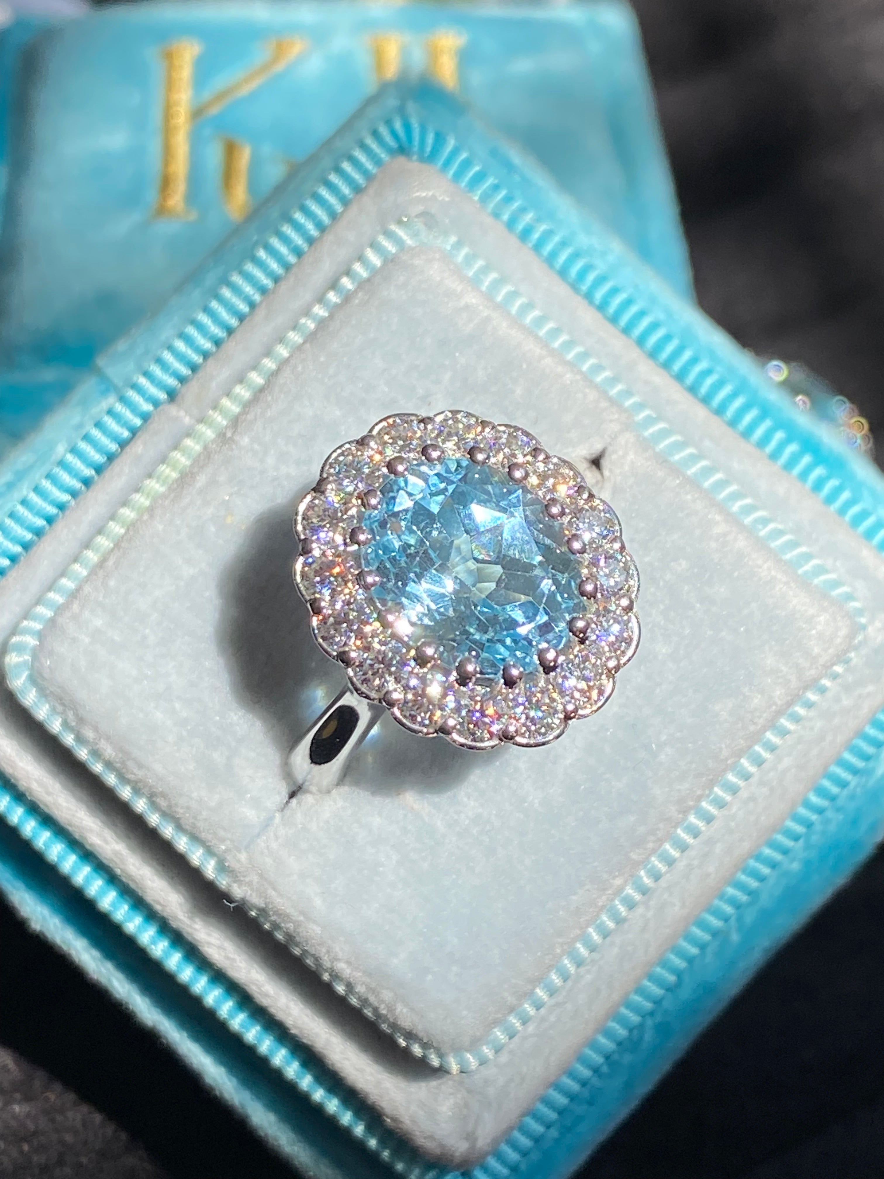 5.50 CTW Oval Cut Blue Topaz and Moissanite Halo Cocktail Ring