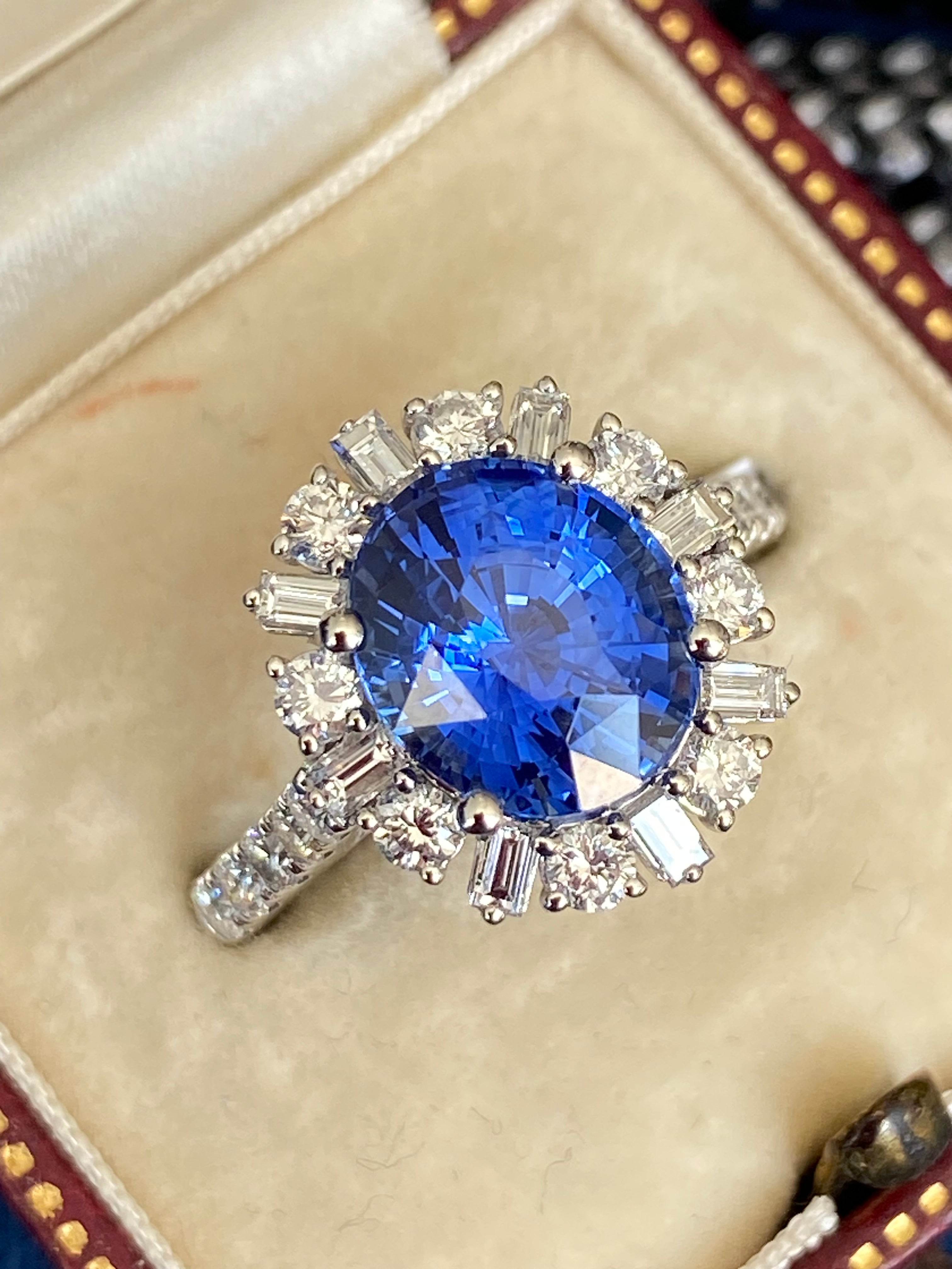 3.72 Carat Blue Ceylon Sapphire and 0.91ctw Natural Diamond Halo Ring in Platinum