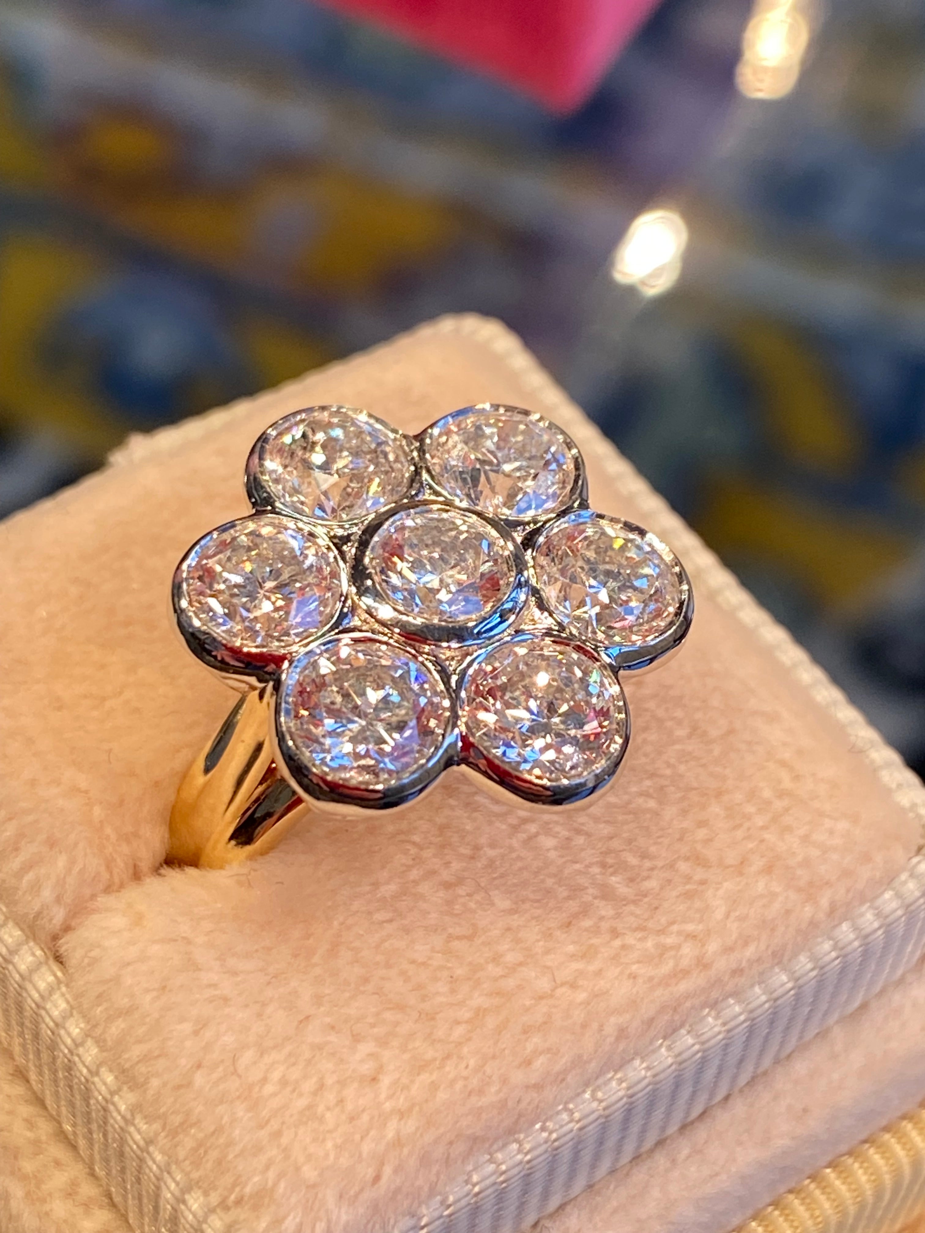 Vintage 4.07 CTW Natural Diamond Daisy Cluster Ring in Platinum and 18ct Yellow Gold