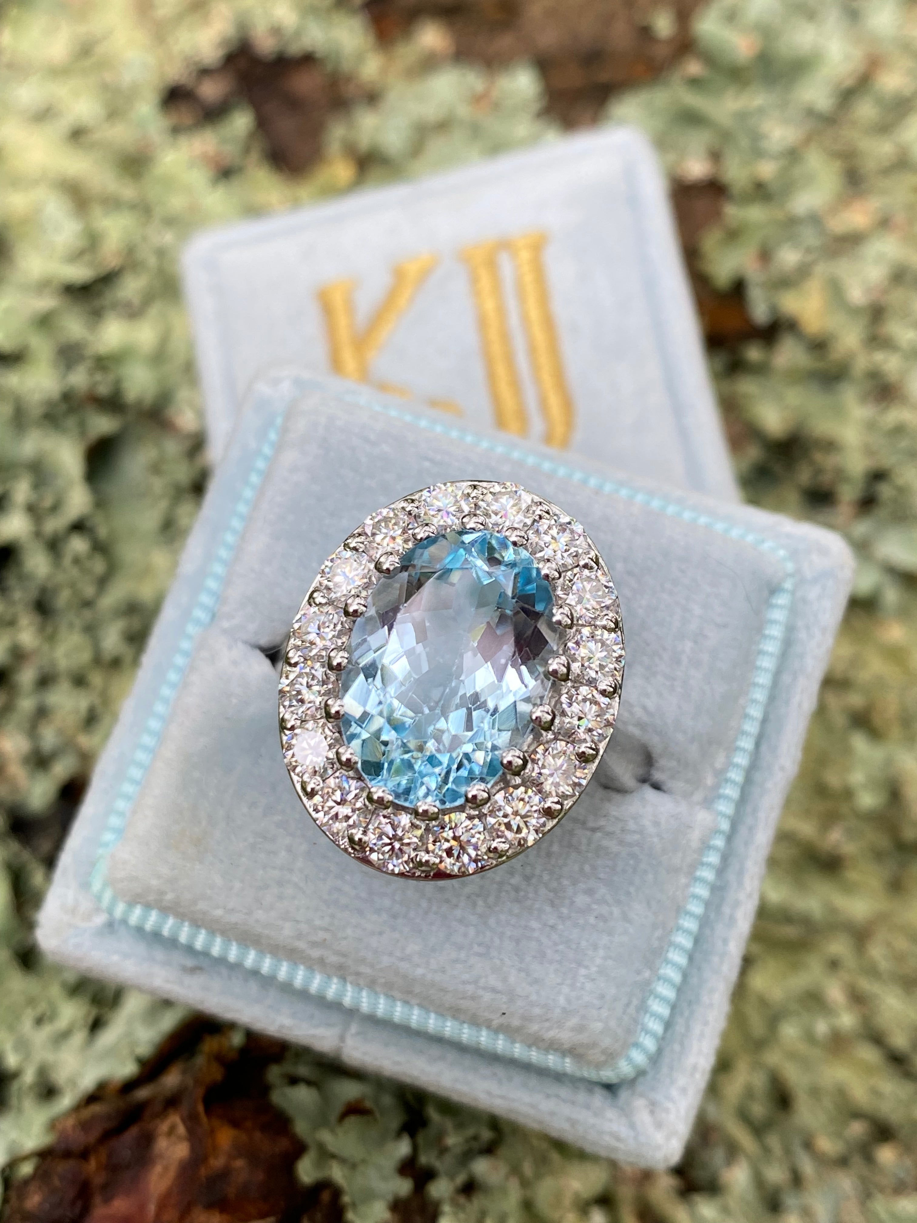 9.60 CTW Oval Cut Blue Topaz and Moissanite Halo Cocktail Ring in Sterling Silver