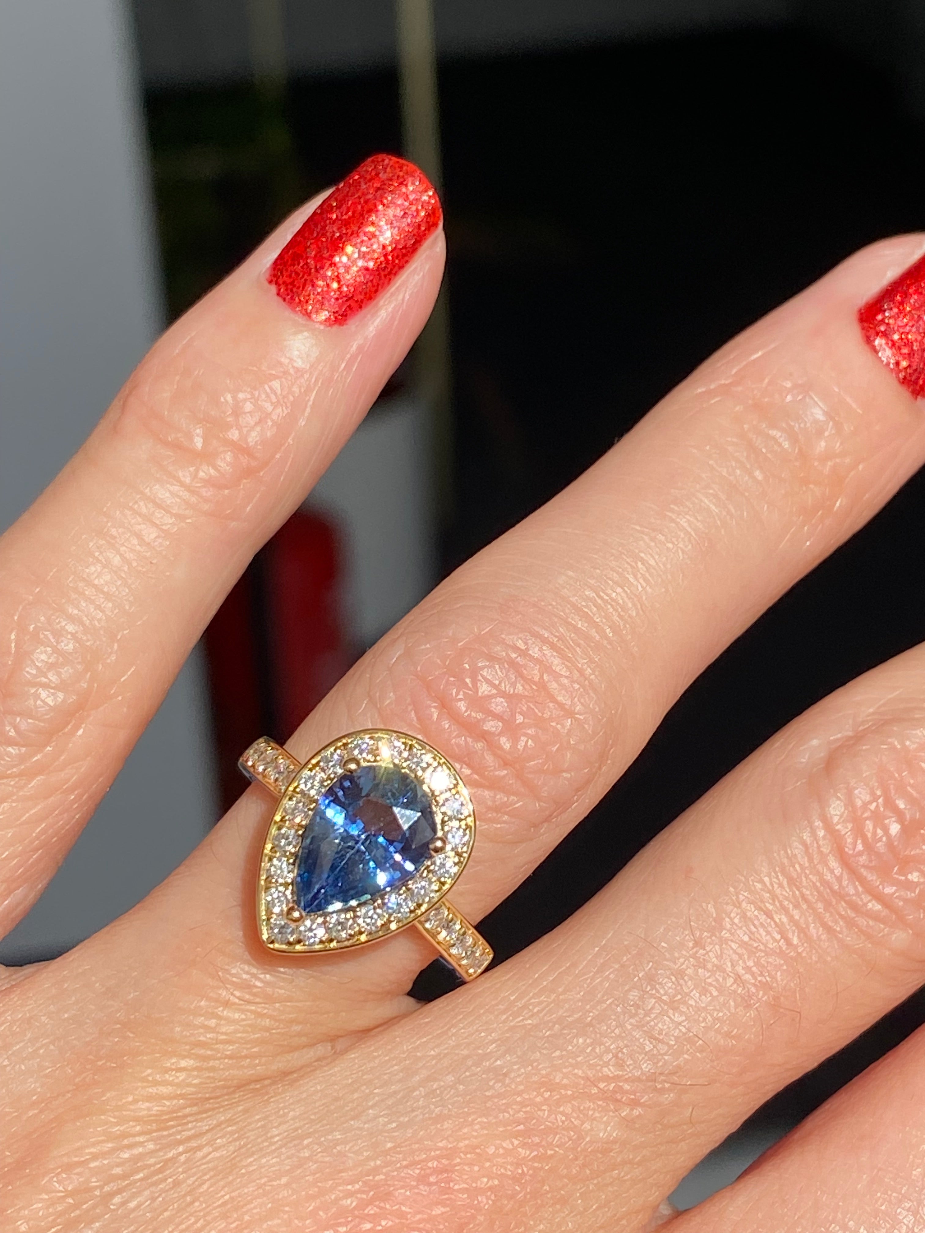 2.07 Carat Pear Cut Teal Sapphire and 0.48 CTW Natural Diamond Ring in 18ct Yellow Gold