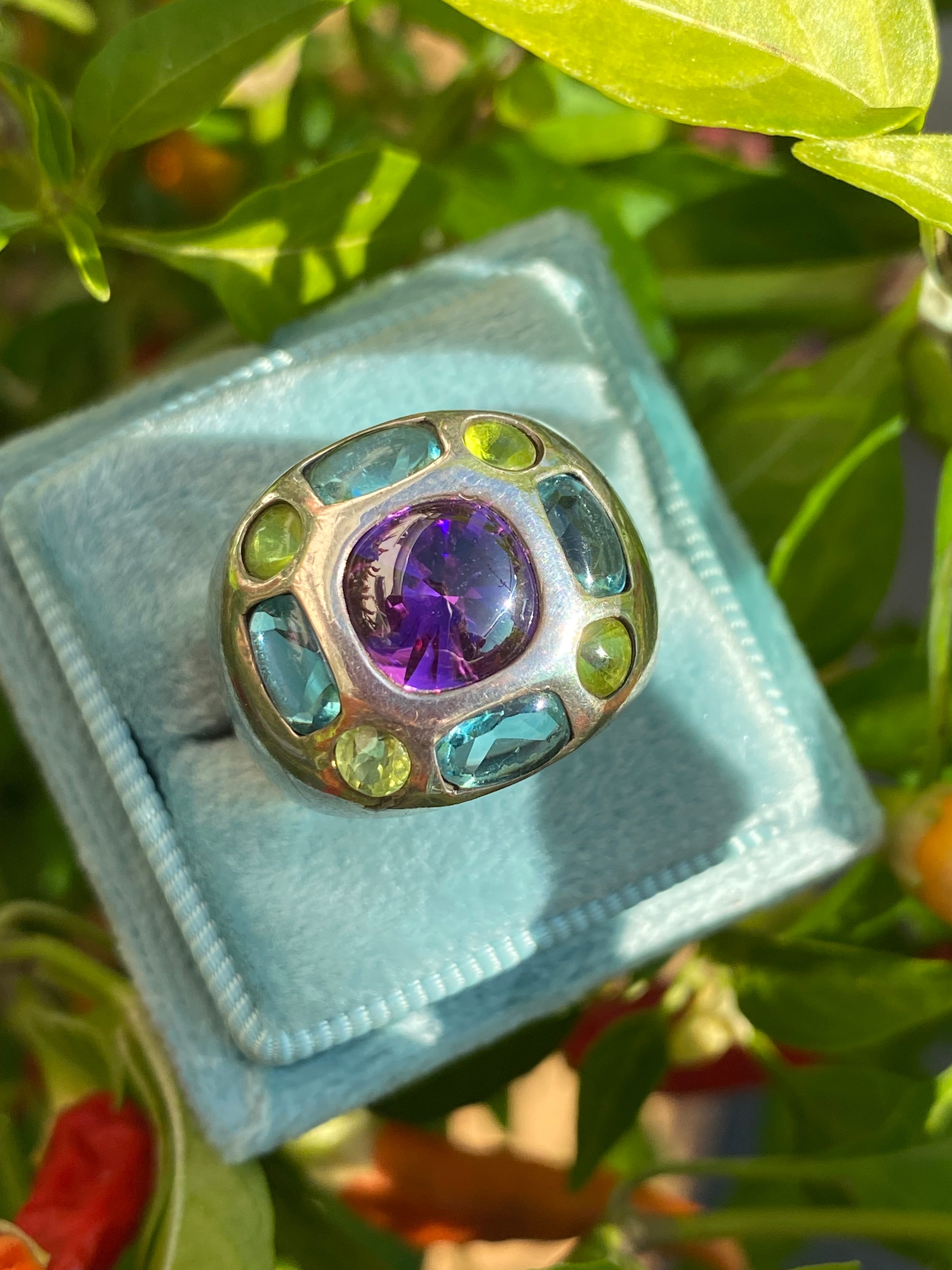 Beautiful Vintage Amethyst, Peridot and Blue Topaz Ring in Sterling Silver
