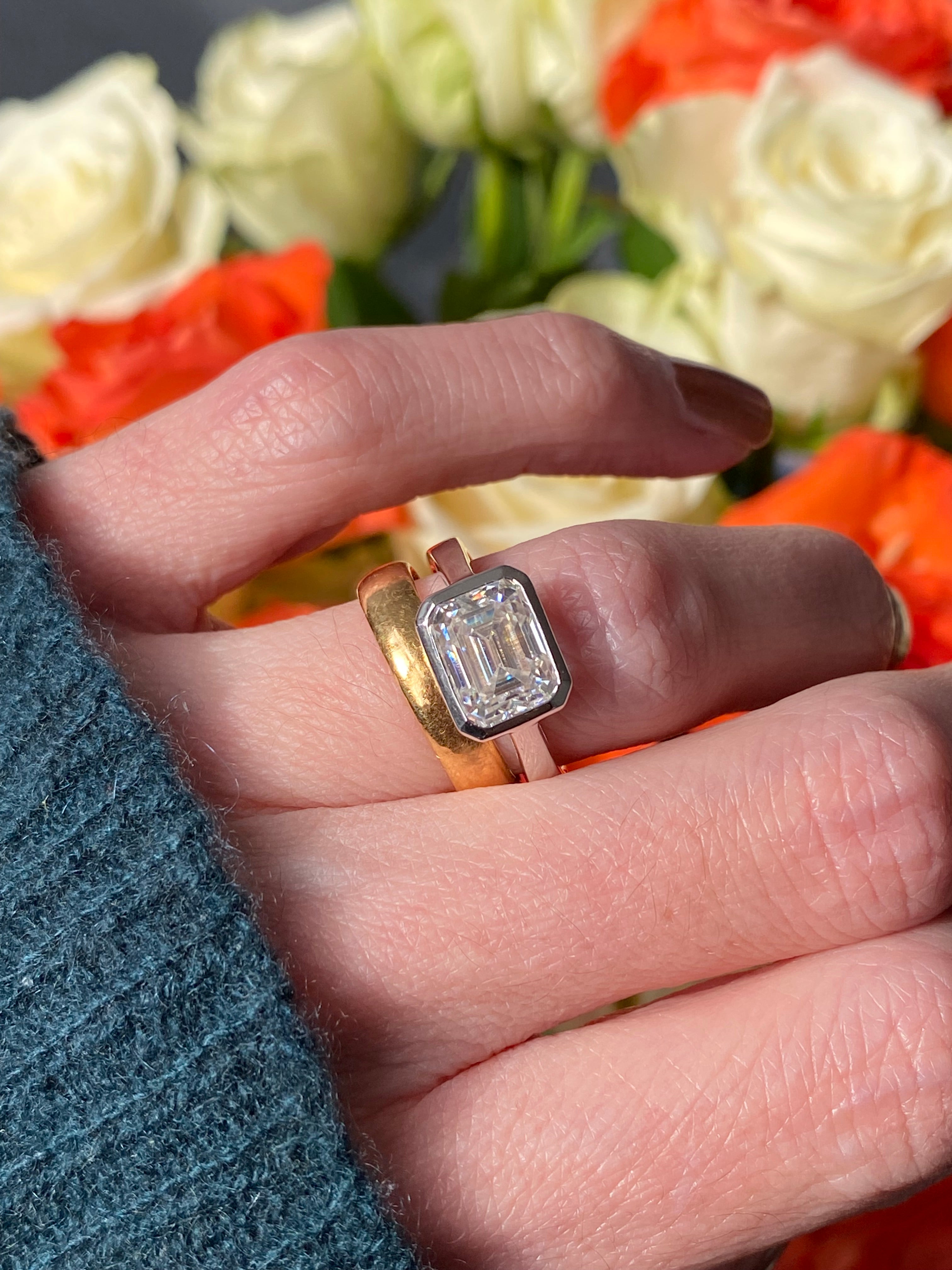 3.00 Carat Emerald Cut Moissanite East West Solitaire Ring in Sterling Silver
