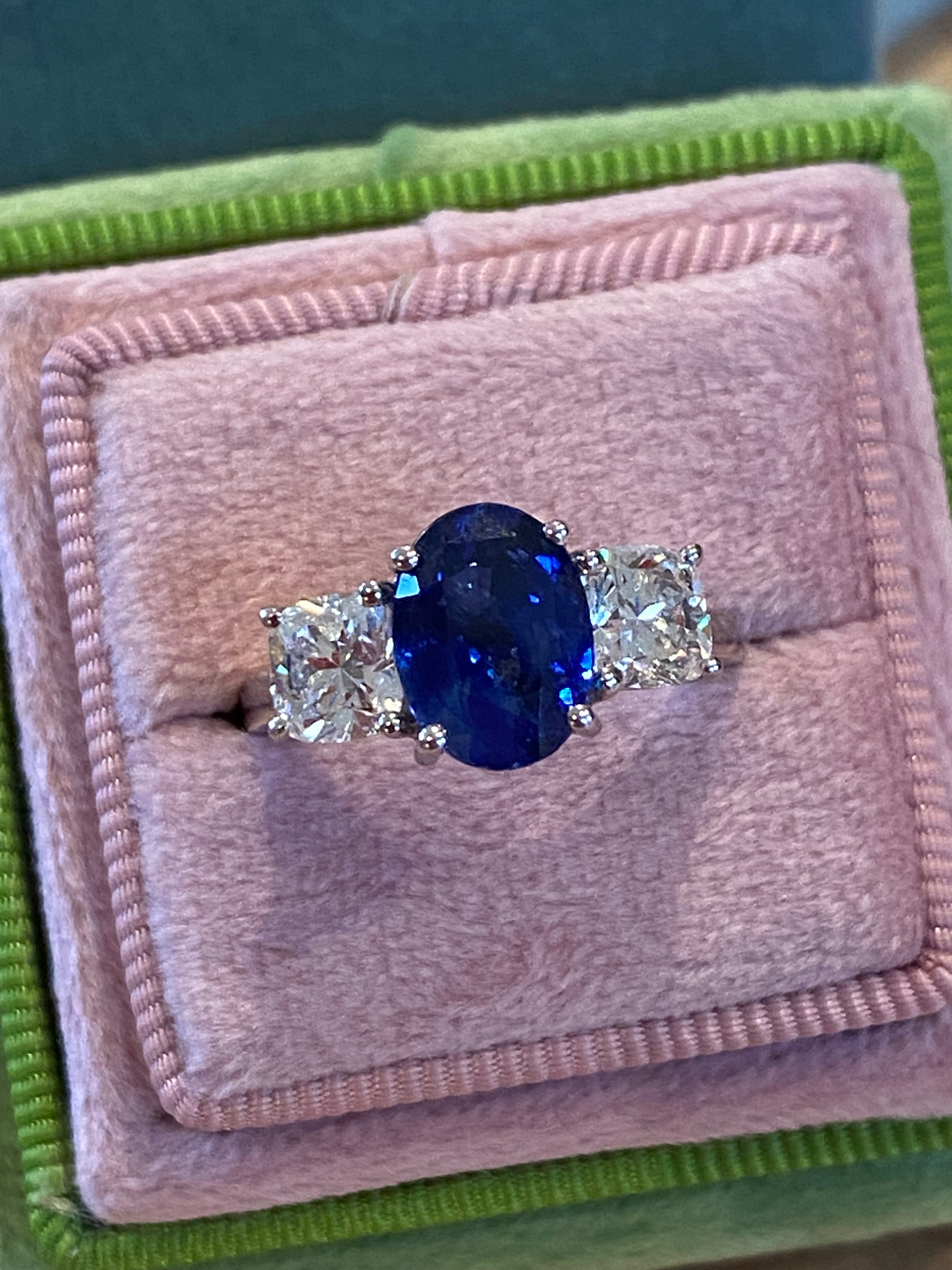 4.33 CTW Blue Ceylon Sapphire and Natural Diamond Three Stone Engagement Ring in Platinum