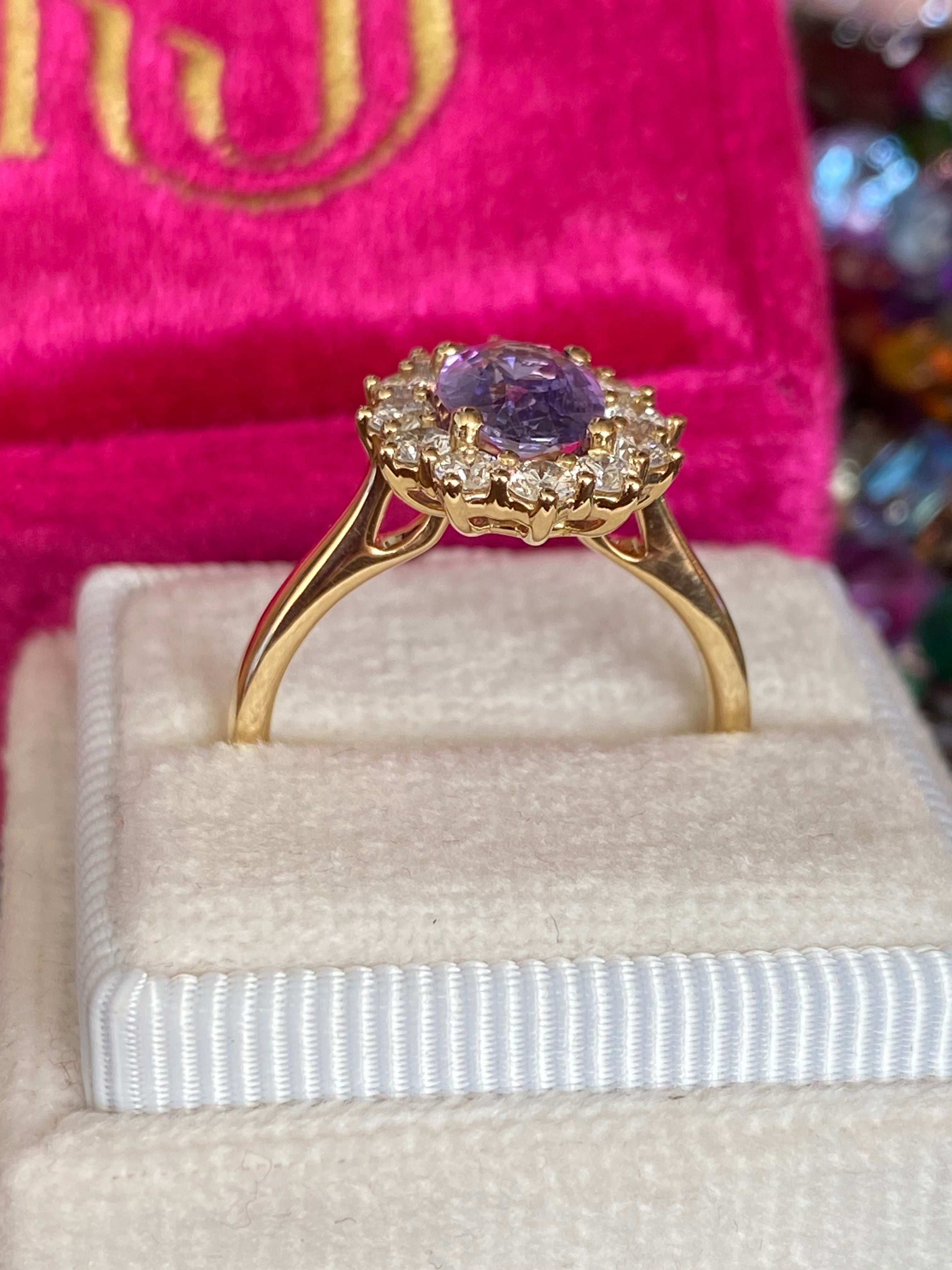 2.08 CTW Violet Sapphire and Natural Diamond Halo Ring in 18ct Yellow Gold