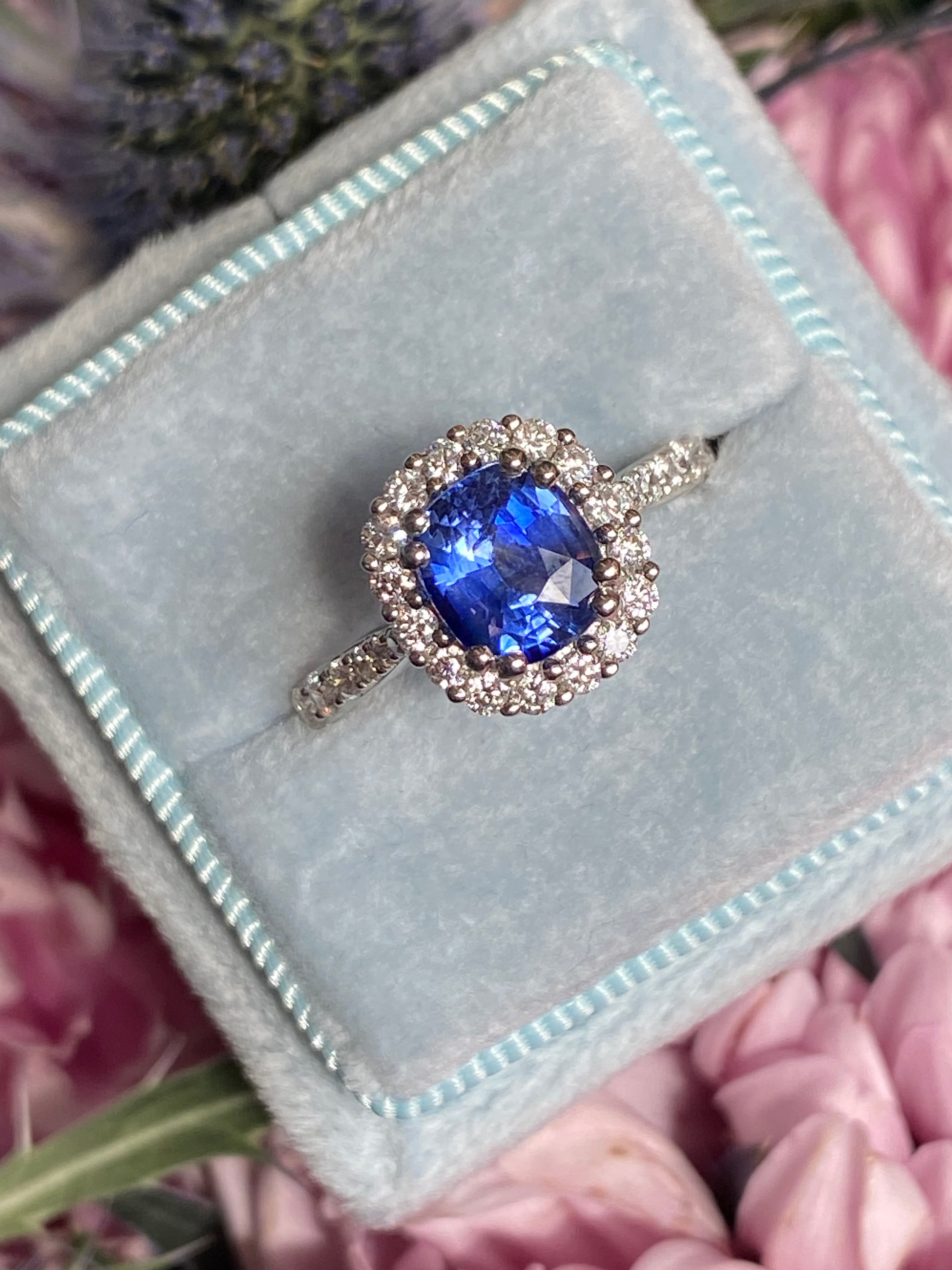 2.17 CTW Blue Ceylon Sapphire and Natural Diamond Three Stone Engagement Ring in Platinum