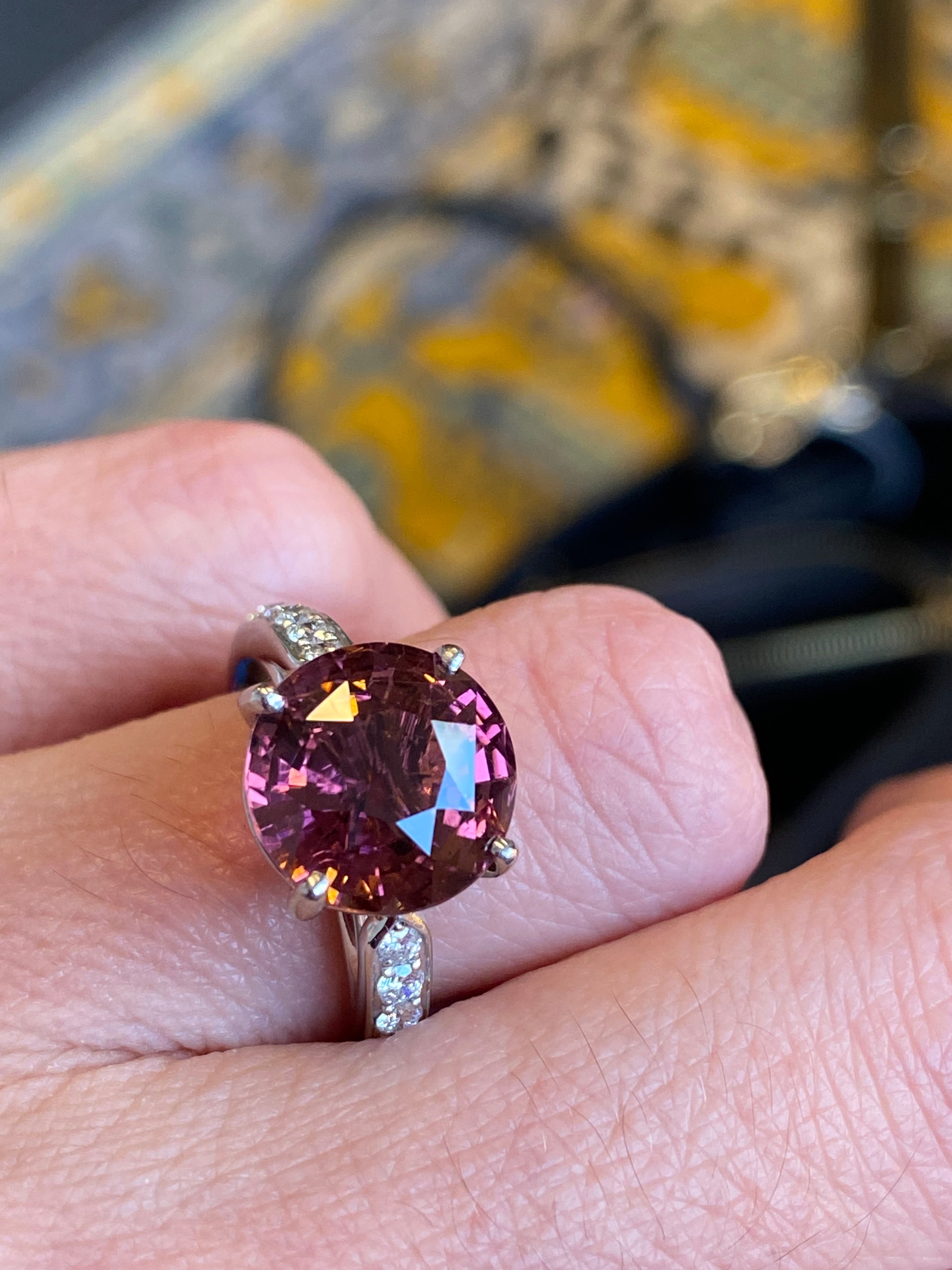 5.09 Carat Round Cut Pink Tourmaline and Natural Diamond Engagement Ring in Platinum