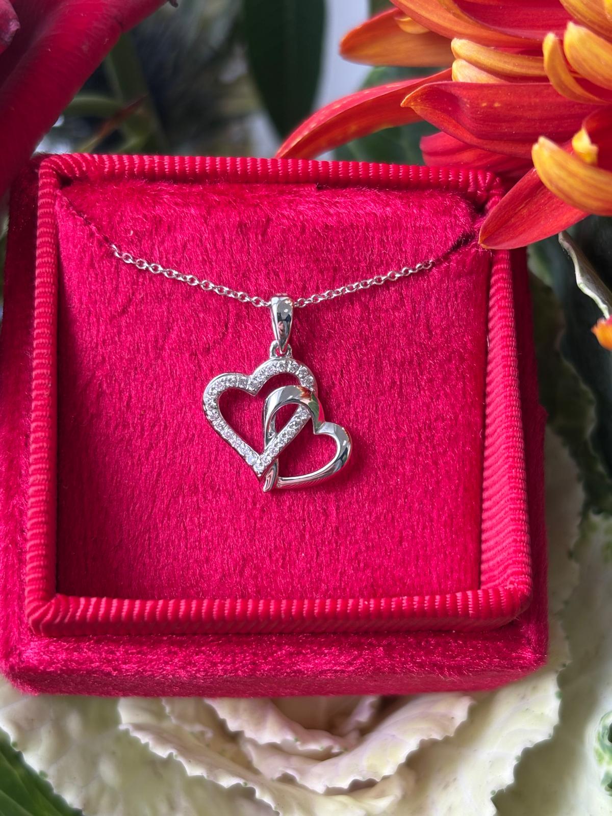 Beautiful Natural Diamond Pendant Double Heart Necklace in 18ct White Gold