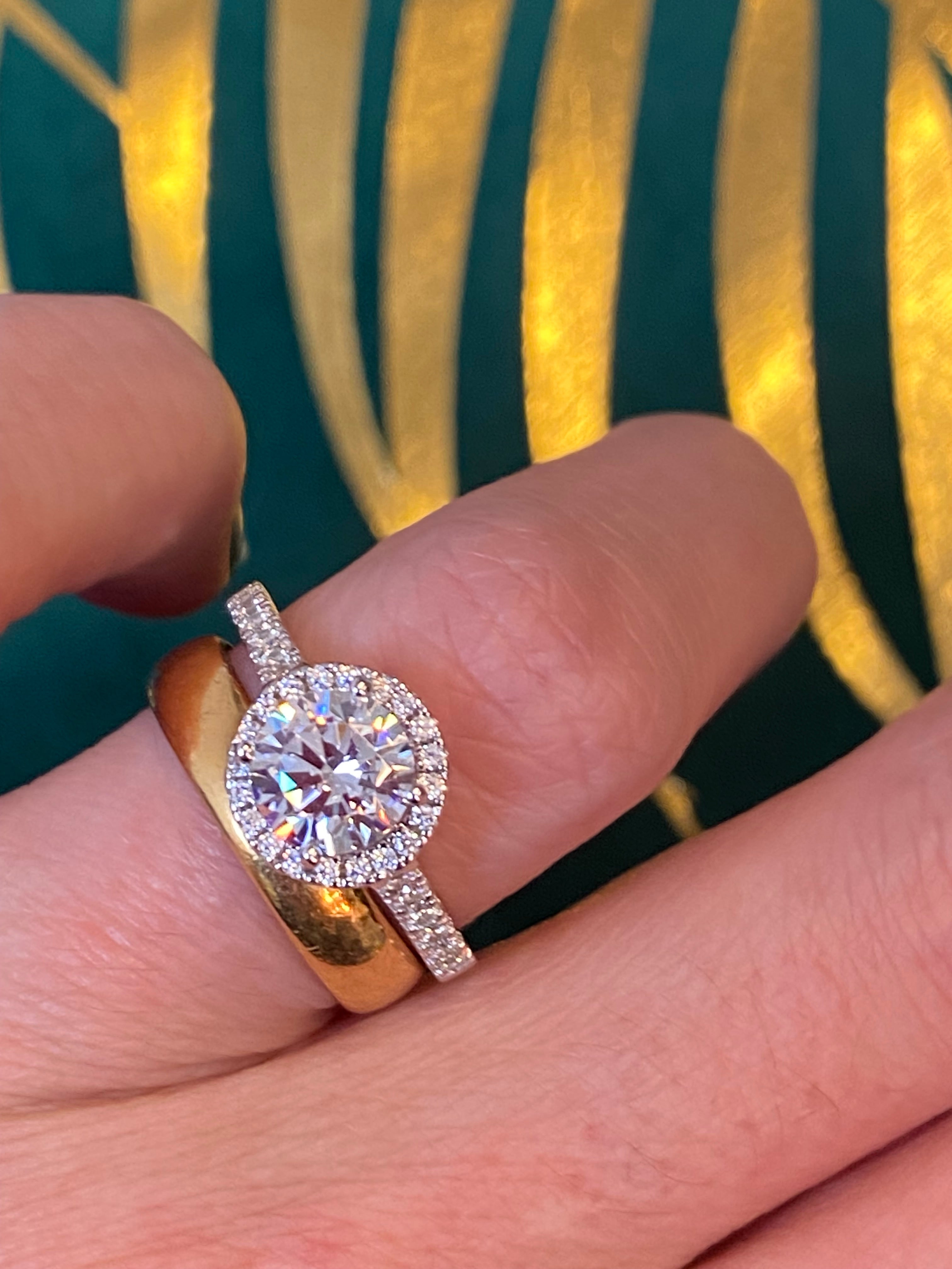 Round Cut Moissanite Halo Engagement and Wedding / Eternity Ring Set in Sterling Silver