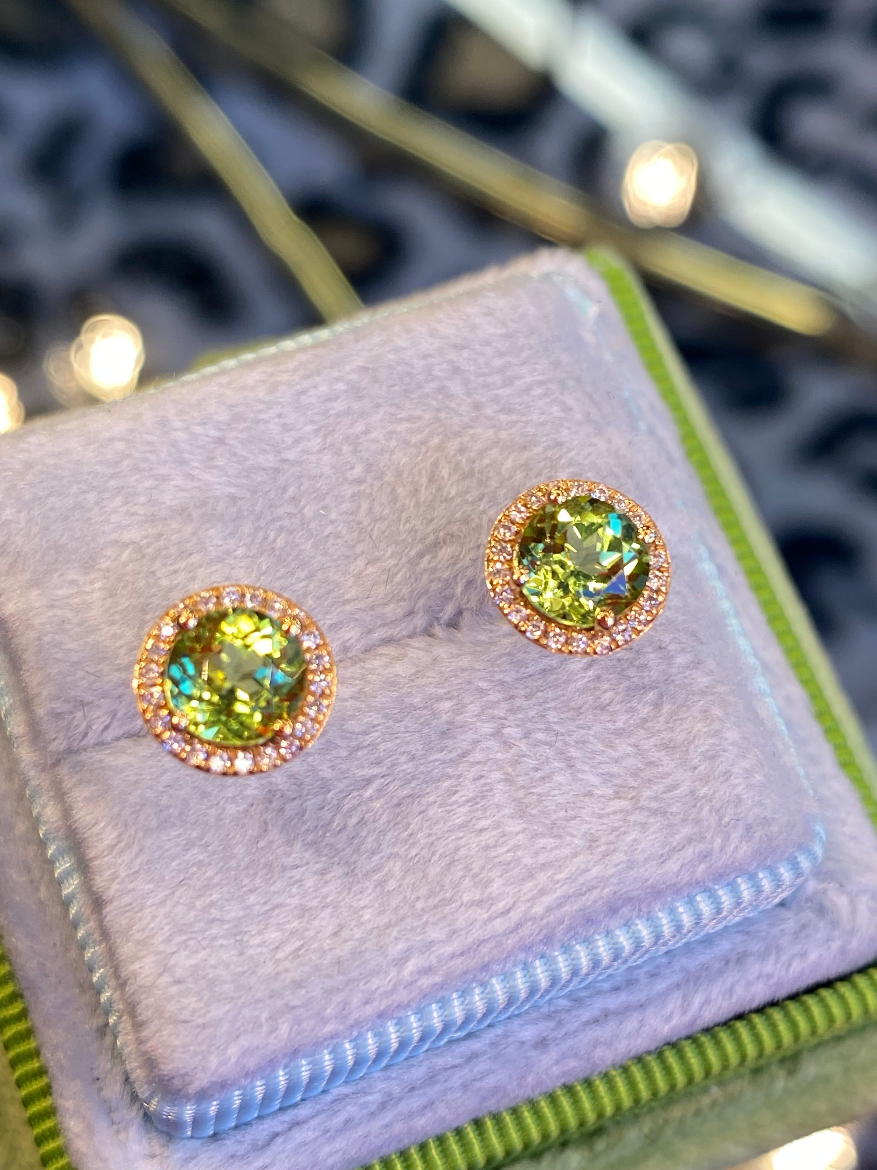 Peridot and Diamond Halo Stud Earrings in 18ct Yellow Gold