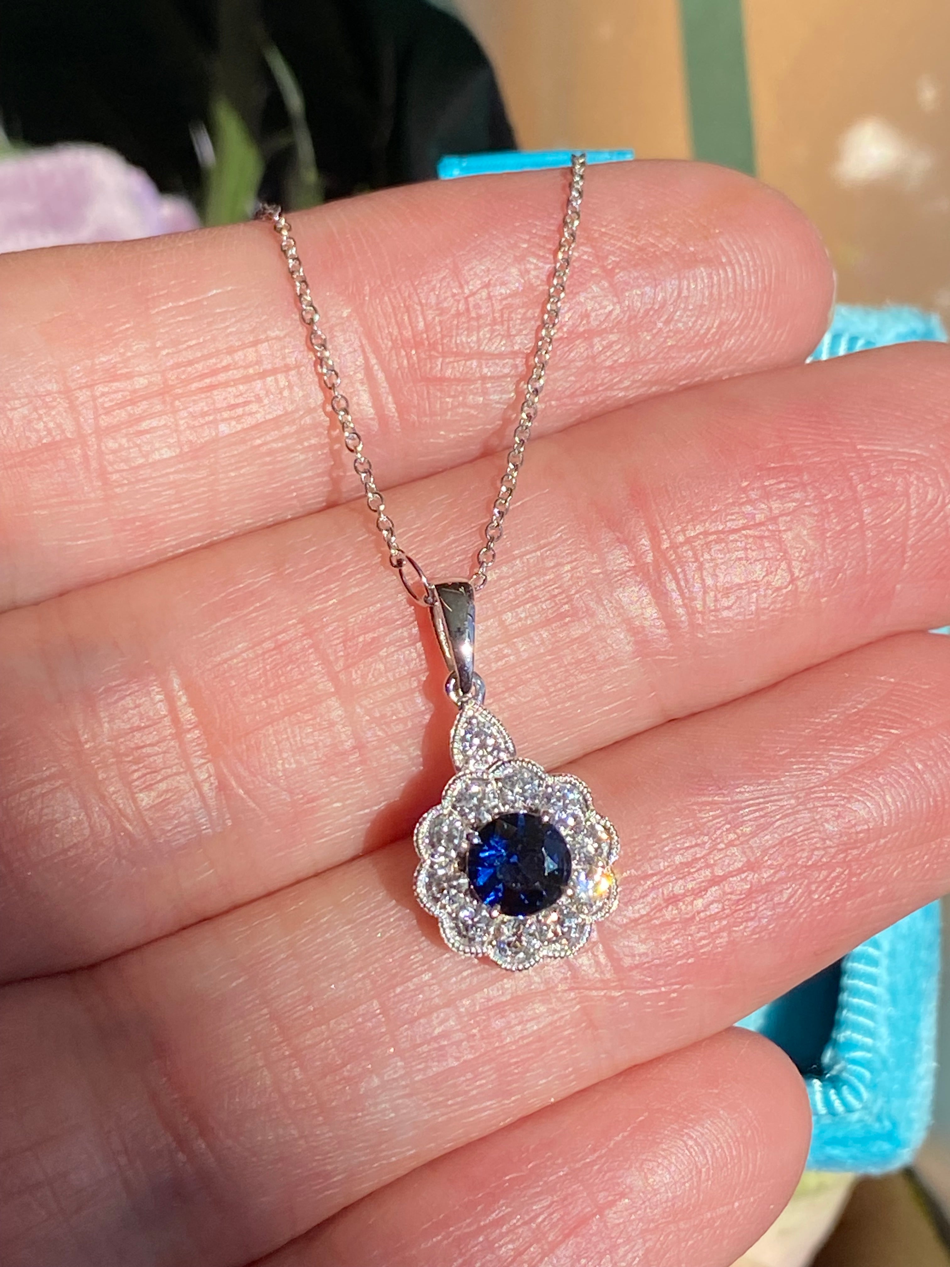 0.86 CTW Sapphire and Natural Diamond Pendant Necklace in 18ct White Gold