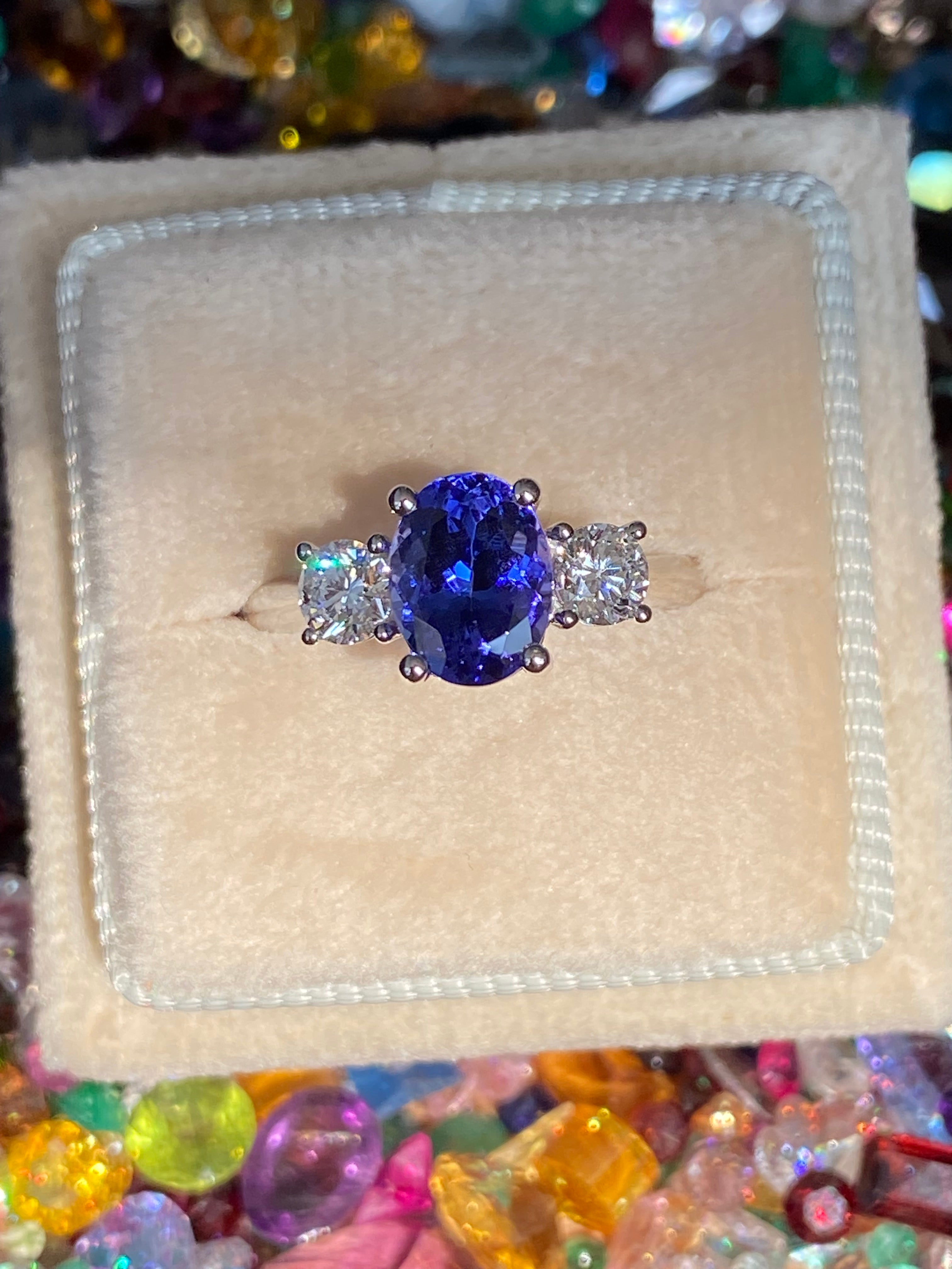 2.08 CTW Tanzanite and Natural Diamond Three Stone Ring in Platinum