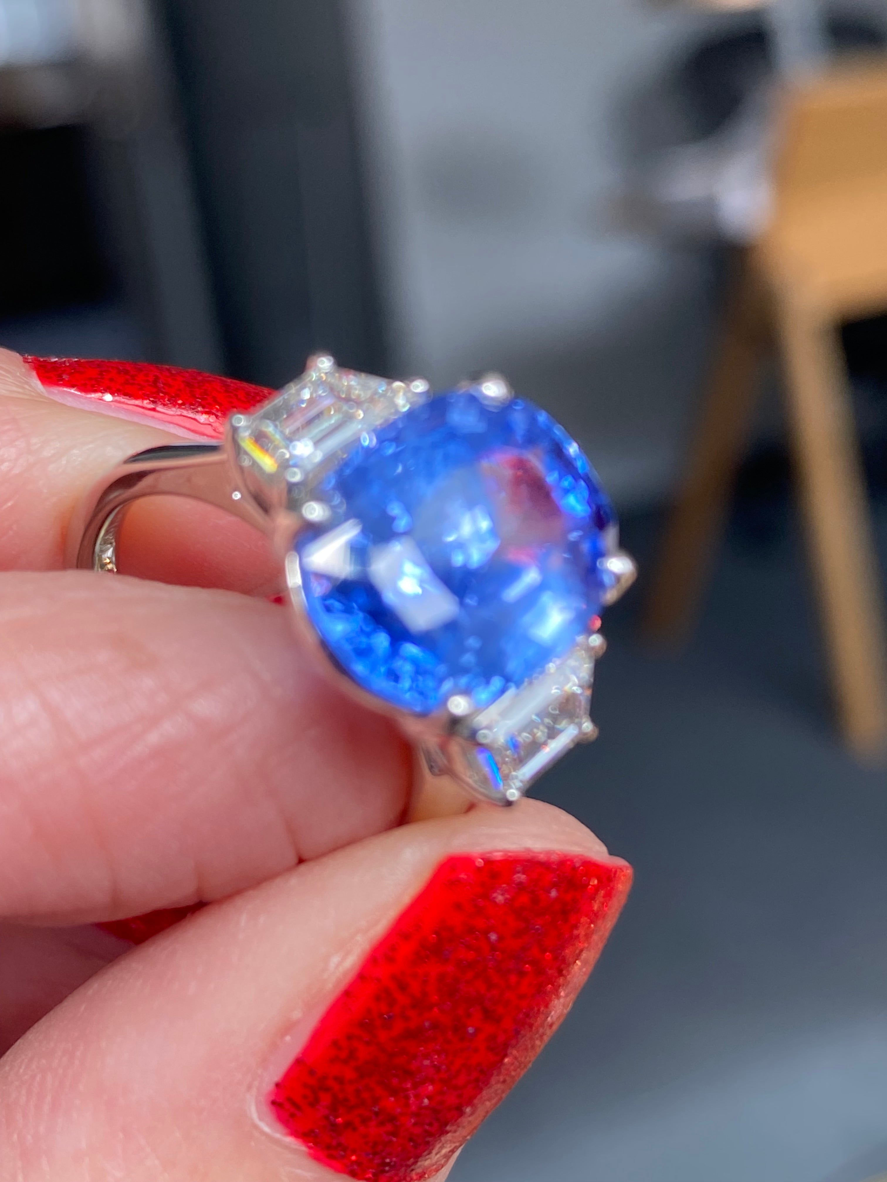 6.25 Carat Unheated Blue Ceylon Sapphire and 0.95 Carat Diamond Ring
