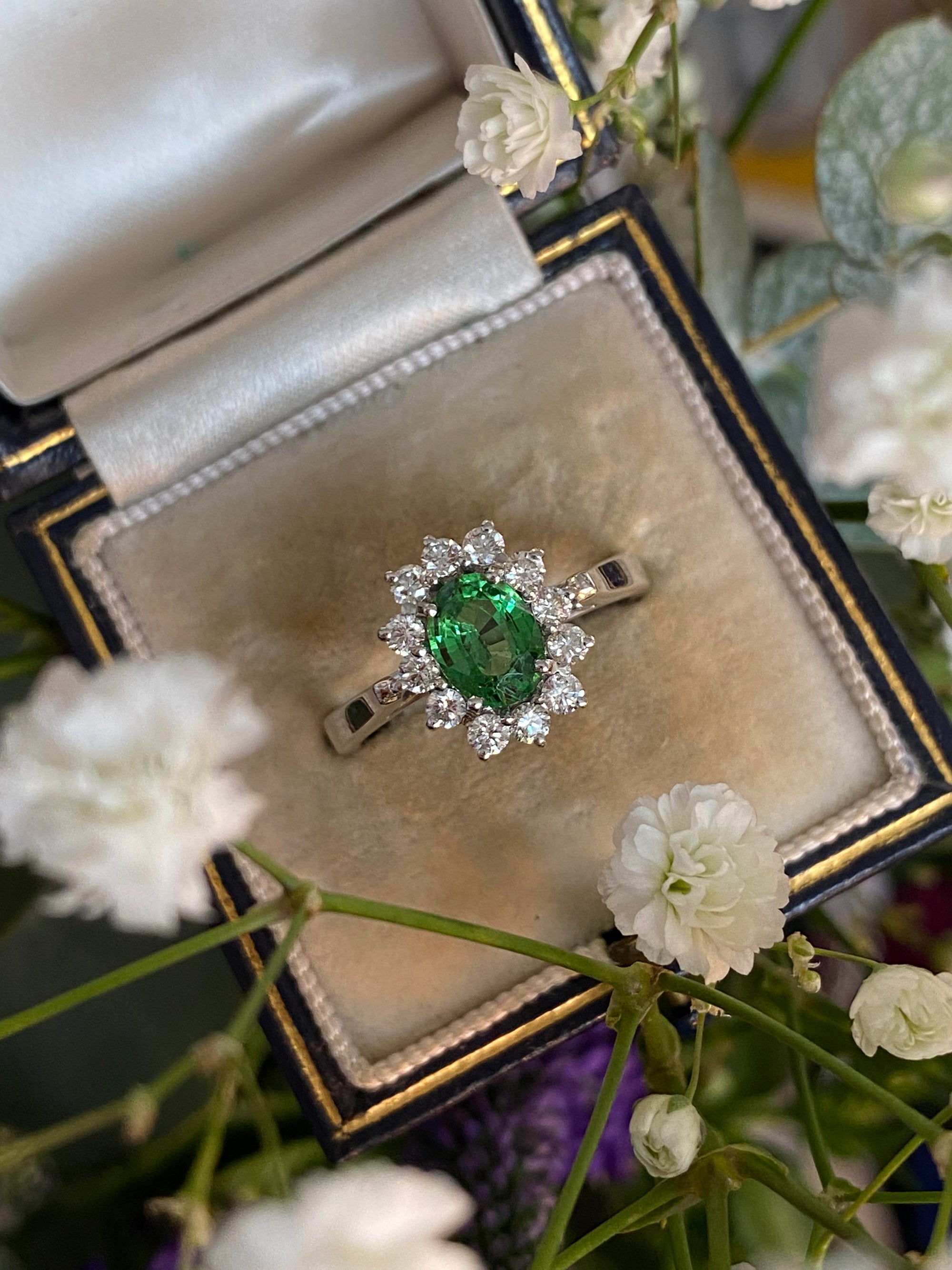 1.50 CTW Tsavorite Garnet and Diamond Halo Engagement Ring in 18ct White Gold