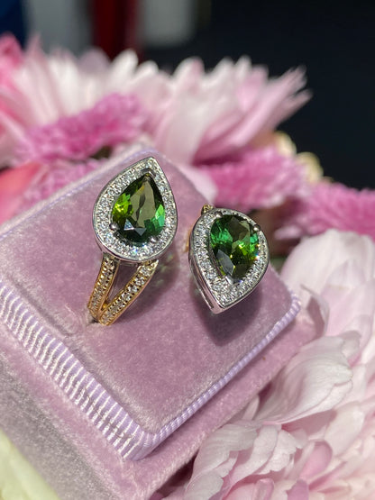 2.60 Carat Green Tourmaline and Diamond Bypass Ring in Platinum and 18ct Yellow Gold