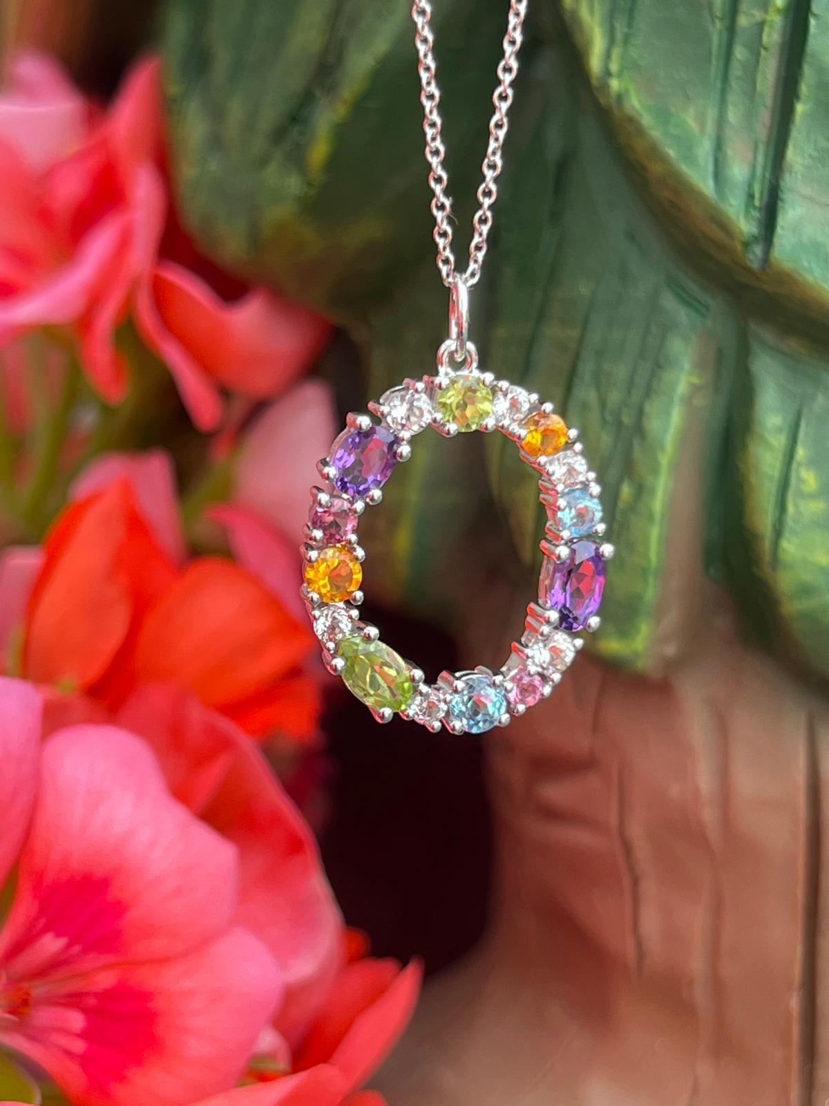 1.61 CTW Peridot, Pink Sapphire, Blue Topaz, Citrine, Amethyst, and Diamond Pendant Necklace in 18ct White Gold