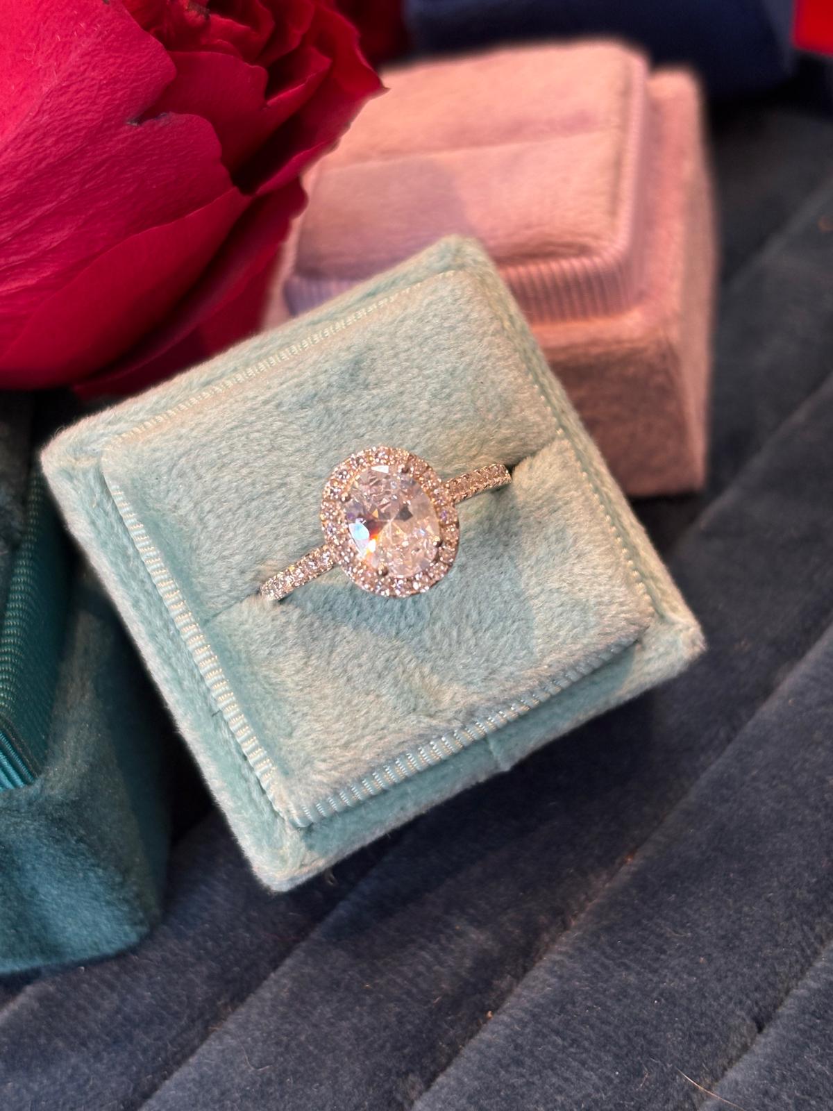 Oval Cut Moissanite Halo Engagement and Wedding / Eternity Ring Set in Sterling Silver