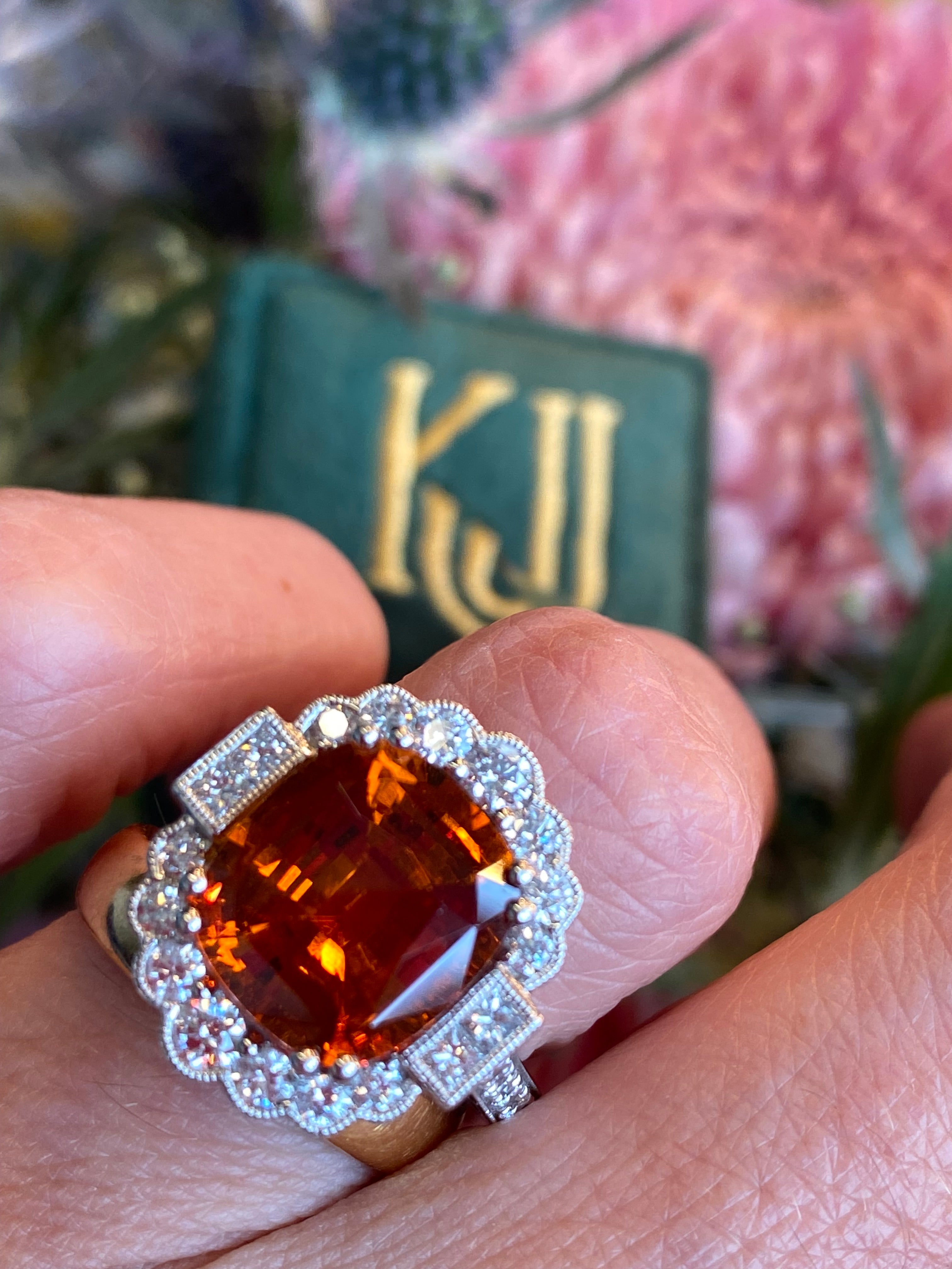 5.95 Carat Hessonite Garnet and 1.03ctw Natural Diamond Ring in Platinum