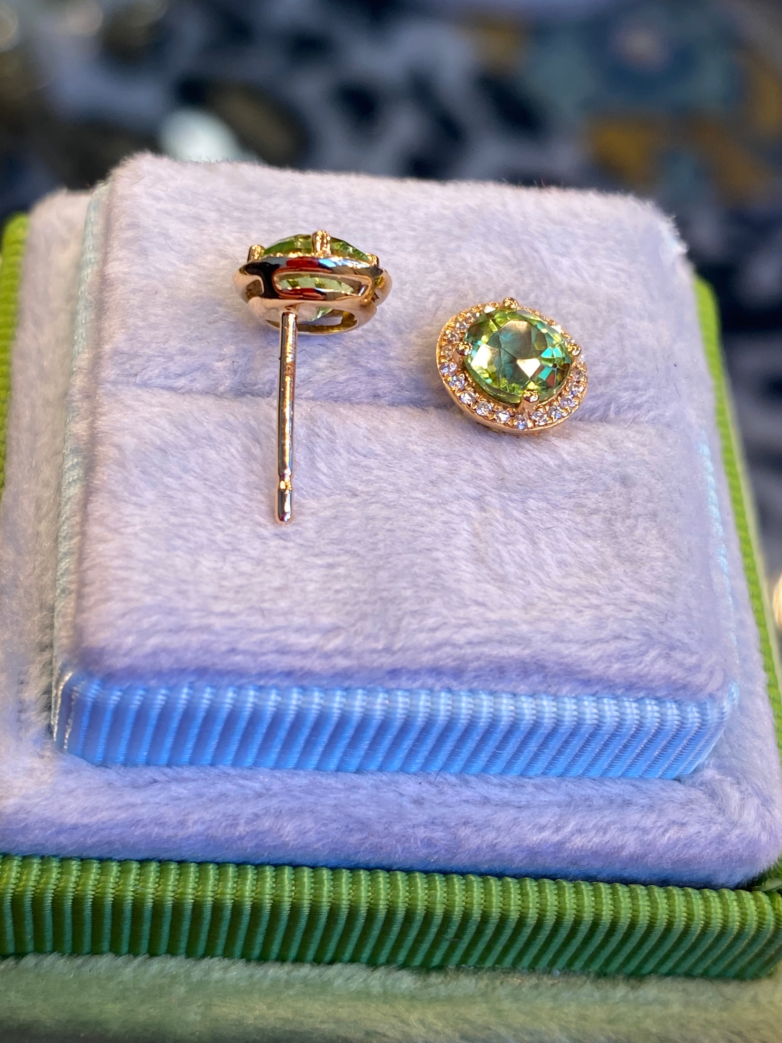 Peridot and Diamond Halo Stud Earrings in 18ct Yellow Gold