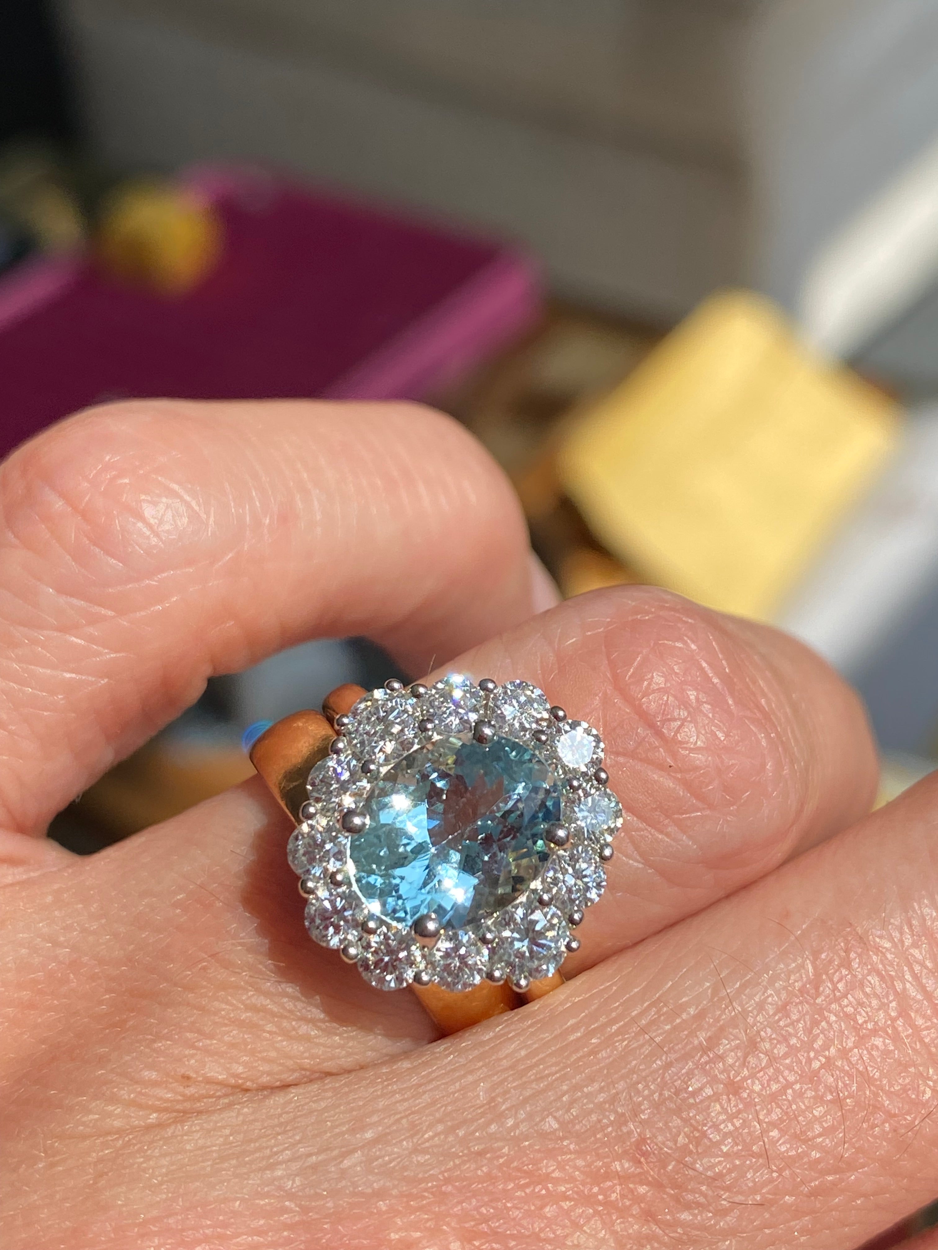 3.53 CTW Aquamarine and Natural Diamond Halo Ring in Platinum and 18ct Yellow Gold