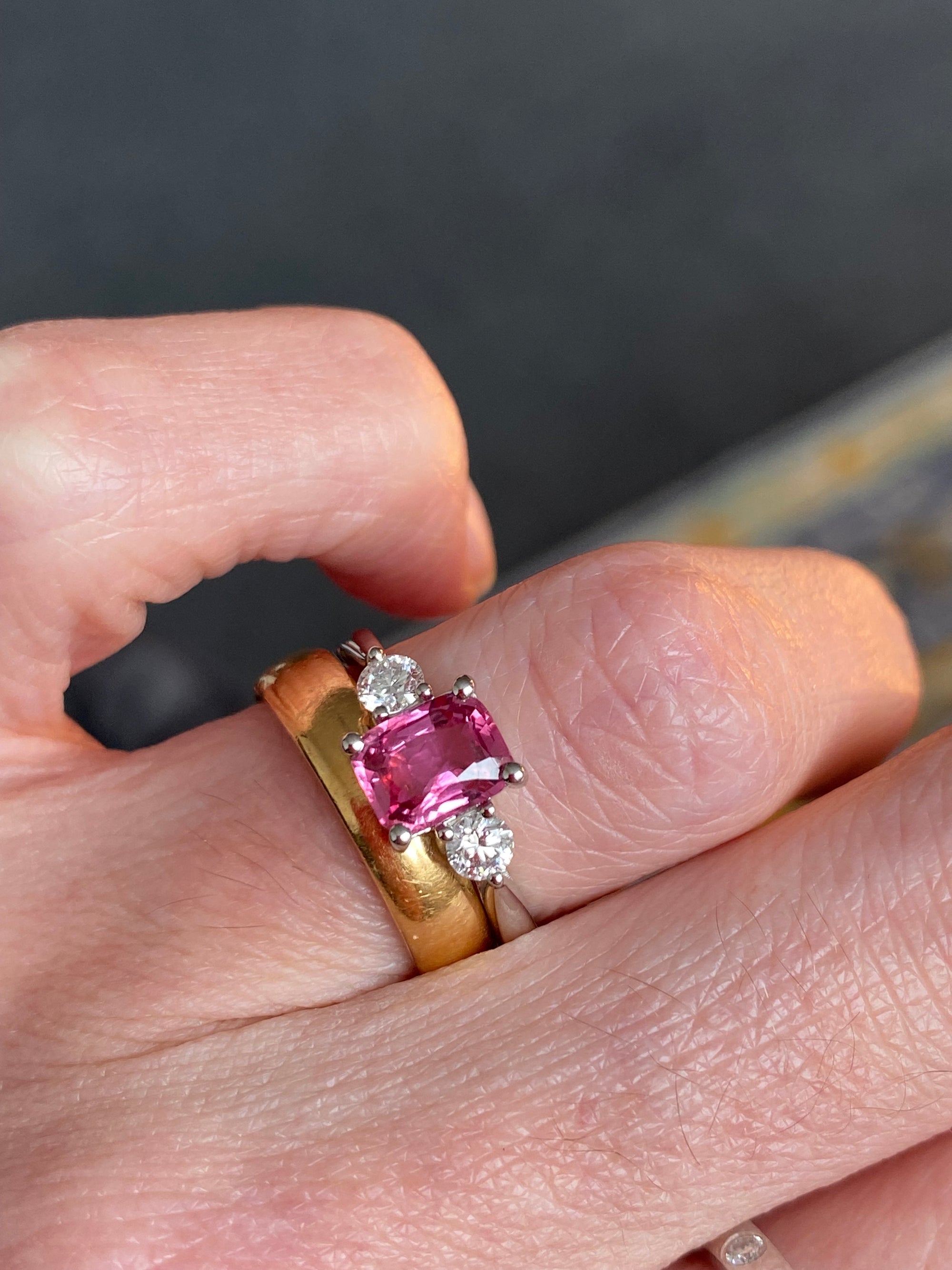 1.52 CTW Cushion Cut Ruby and Natural Diamond Three-Stone Engagement Ring in Platinum