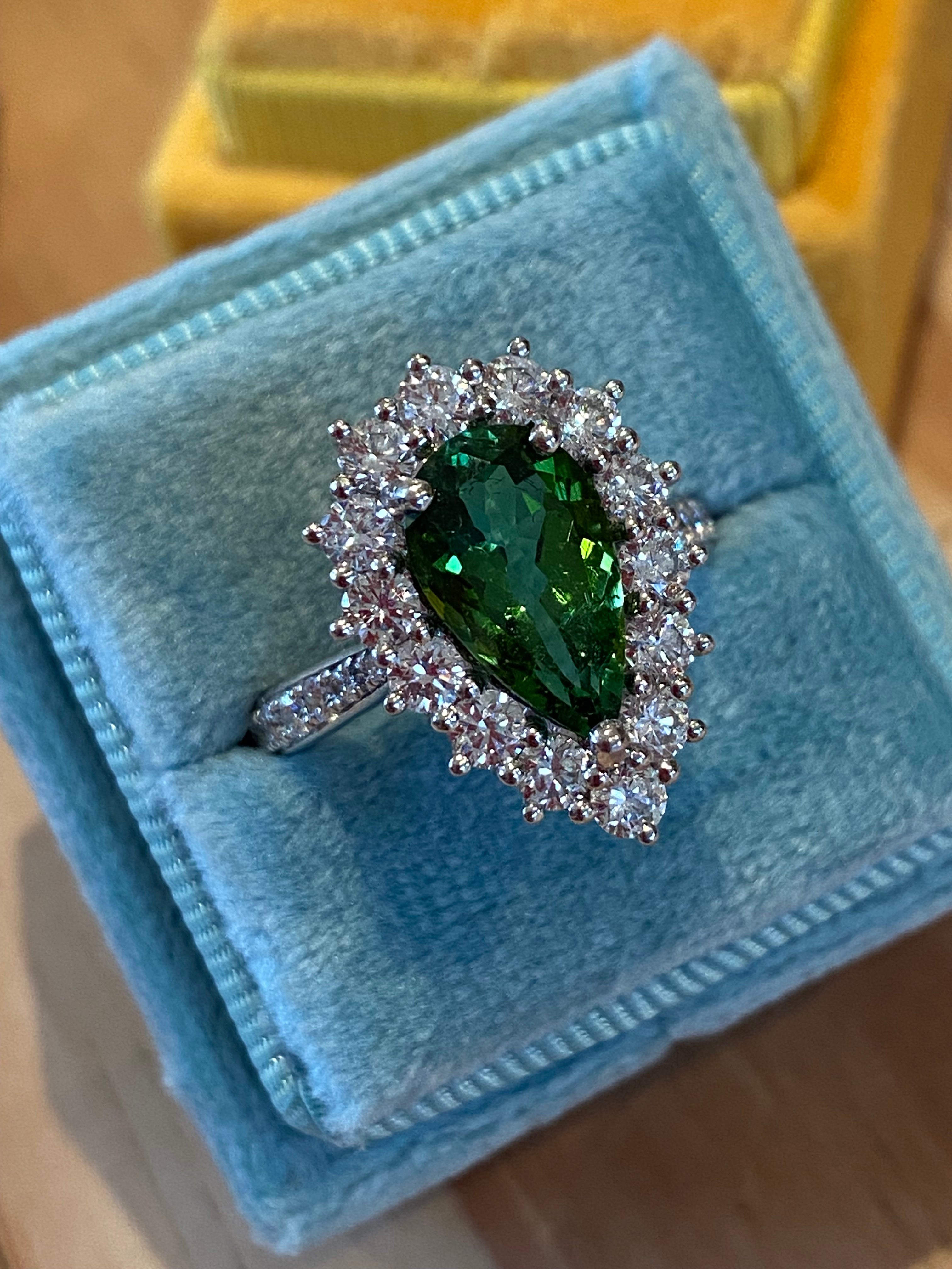 3.97 CTW Pear Cut Green Tourmaline and Natural Diamond Ring in Platinum