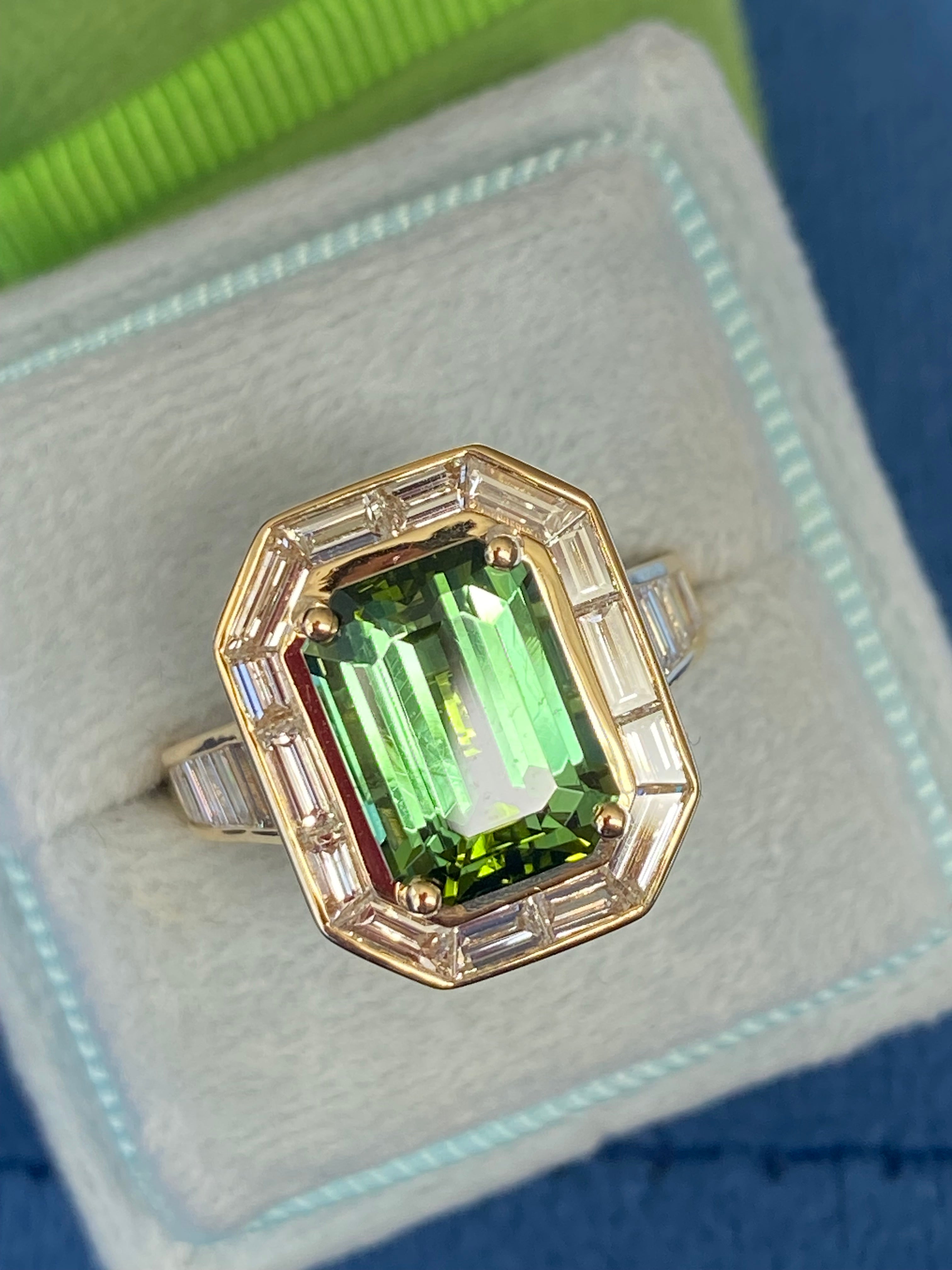3.85 Carat Green Tourmaline and 1.84ctw Natural Diamond Ring in 18ct Yellow Gold