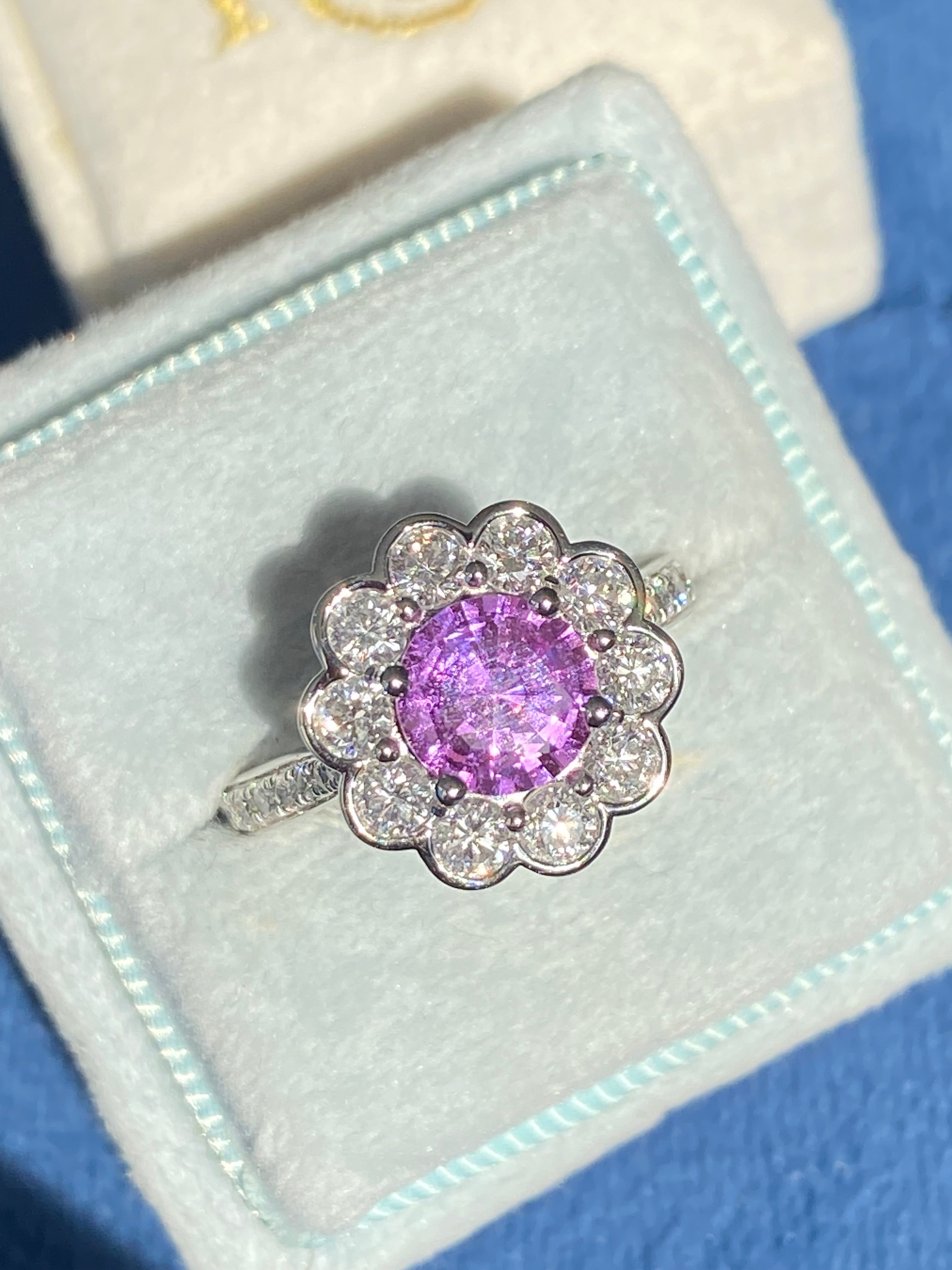 1.27 Carat Purple Sapphire and 1.02ctw Natural Diamond Halo Ring in Platinum