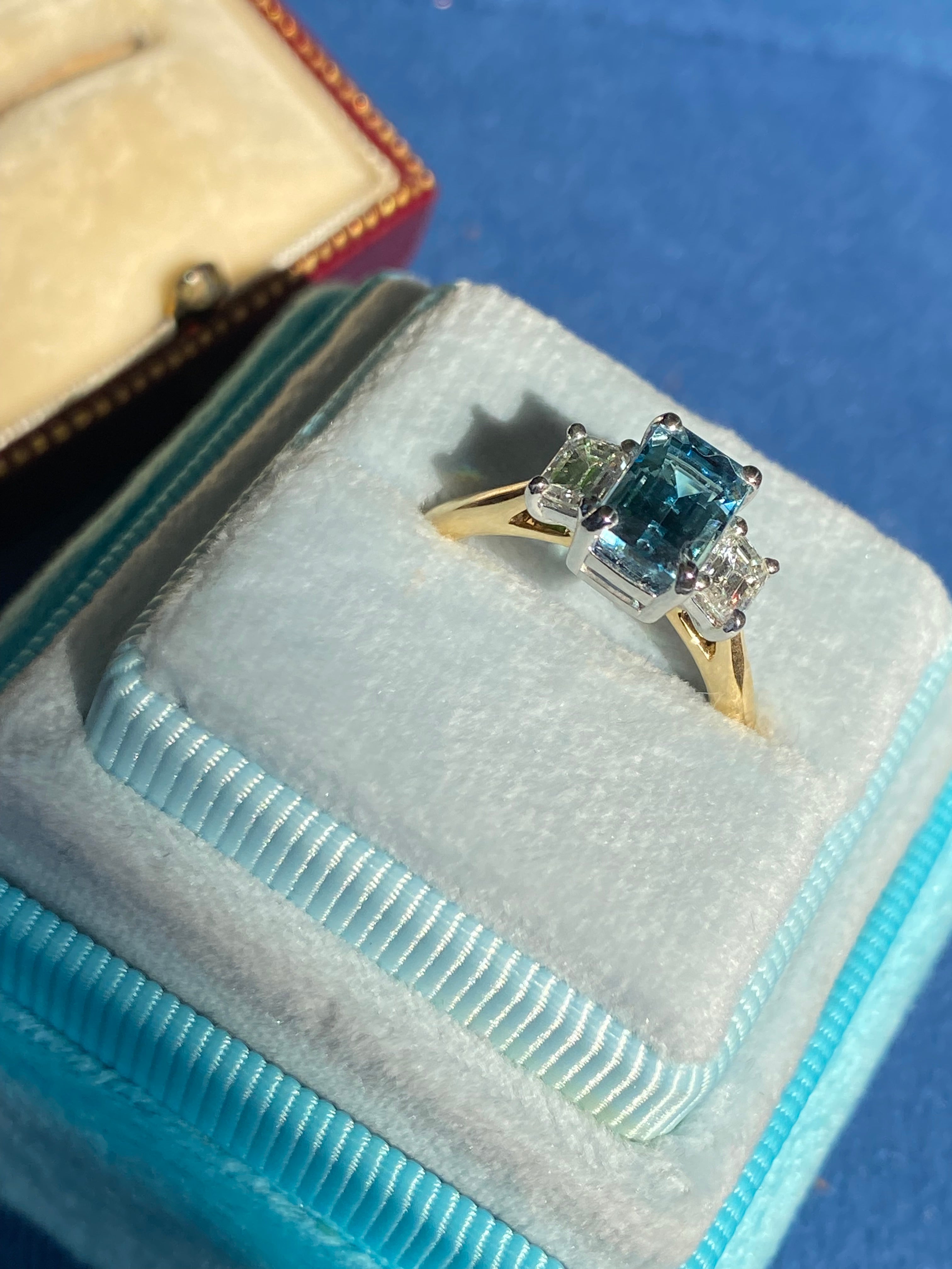 1.73 CTW Aquamarine and Natural Diamond Three Stone Ring in Platinum and 18ct Yellow Gold