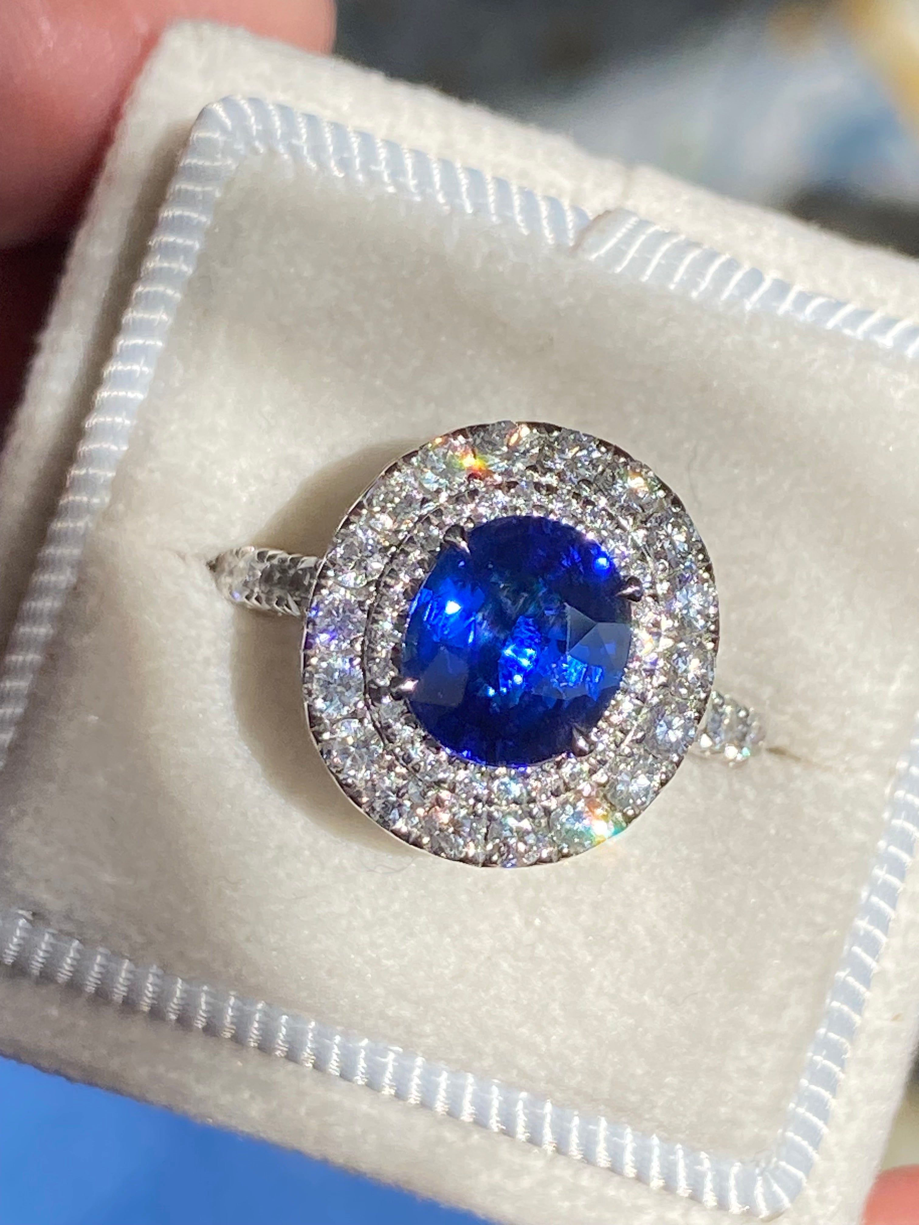 2.21 Carat Blue Ceylon Sapphire and 1.04 CTW Natural Diamond Halo Ring in Platinum