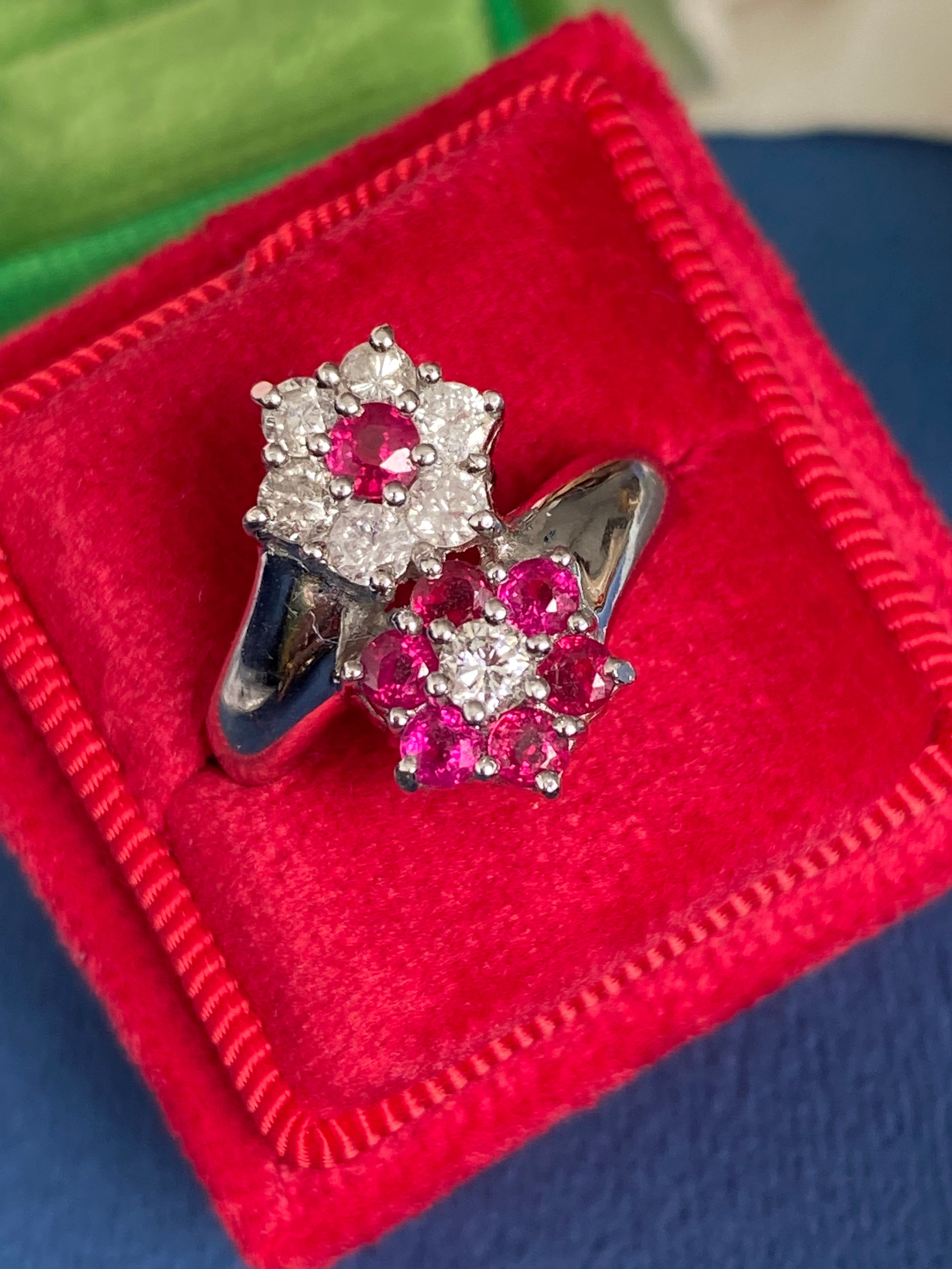 1.21 CTW Ruby and Natural Diamond Double Daisy Halo Ring in Platinum