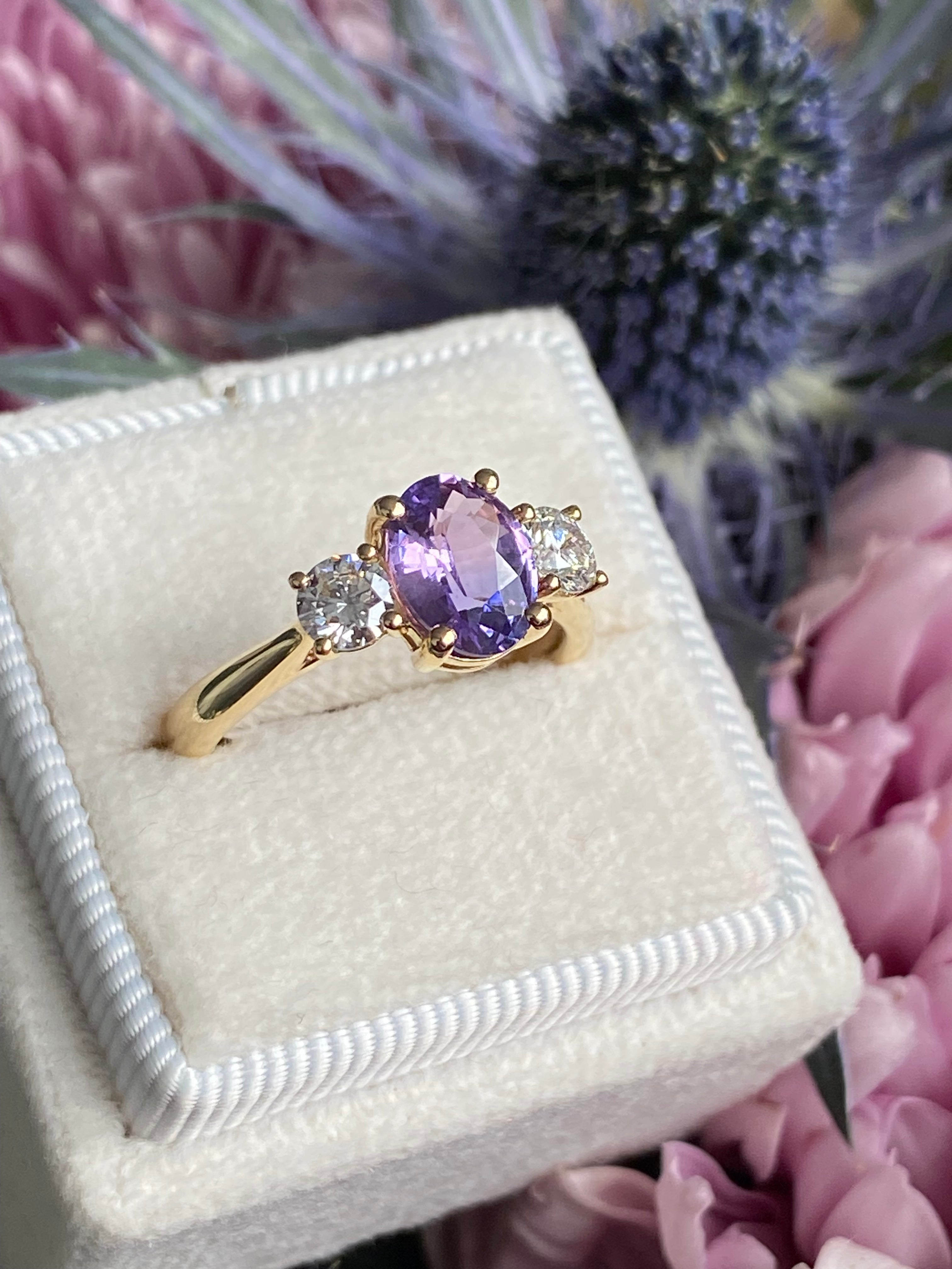 1.82 CTW Purple Sapphire and Natural Diamond Three Stone Ring in 18ct Yellow Gold