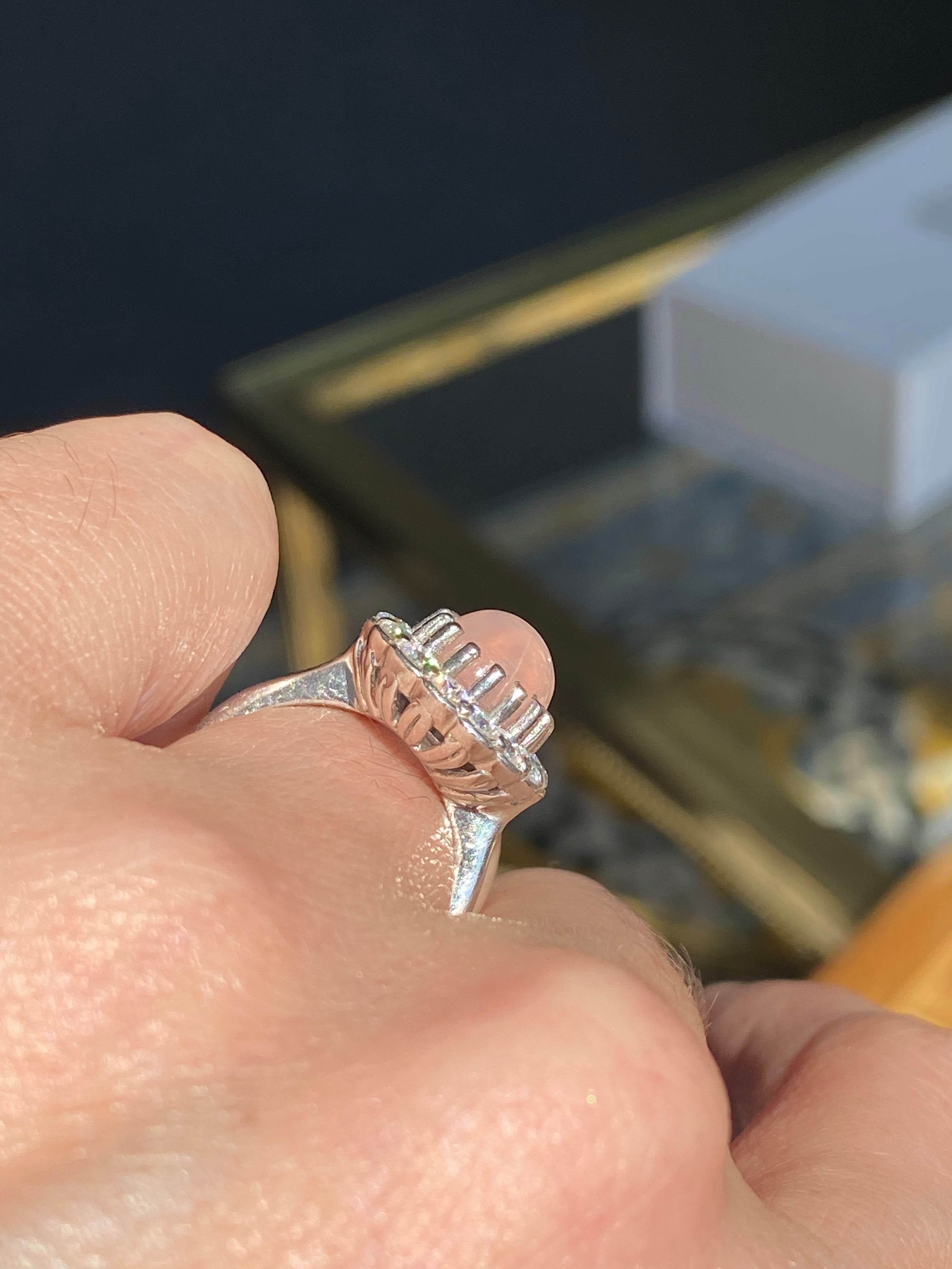 4.50 CTW Oval Cabochon Cut Rose Quartz and Moissanite Halo Cocktail Ring in Sterling Silver