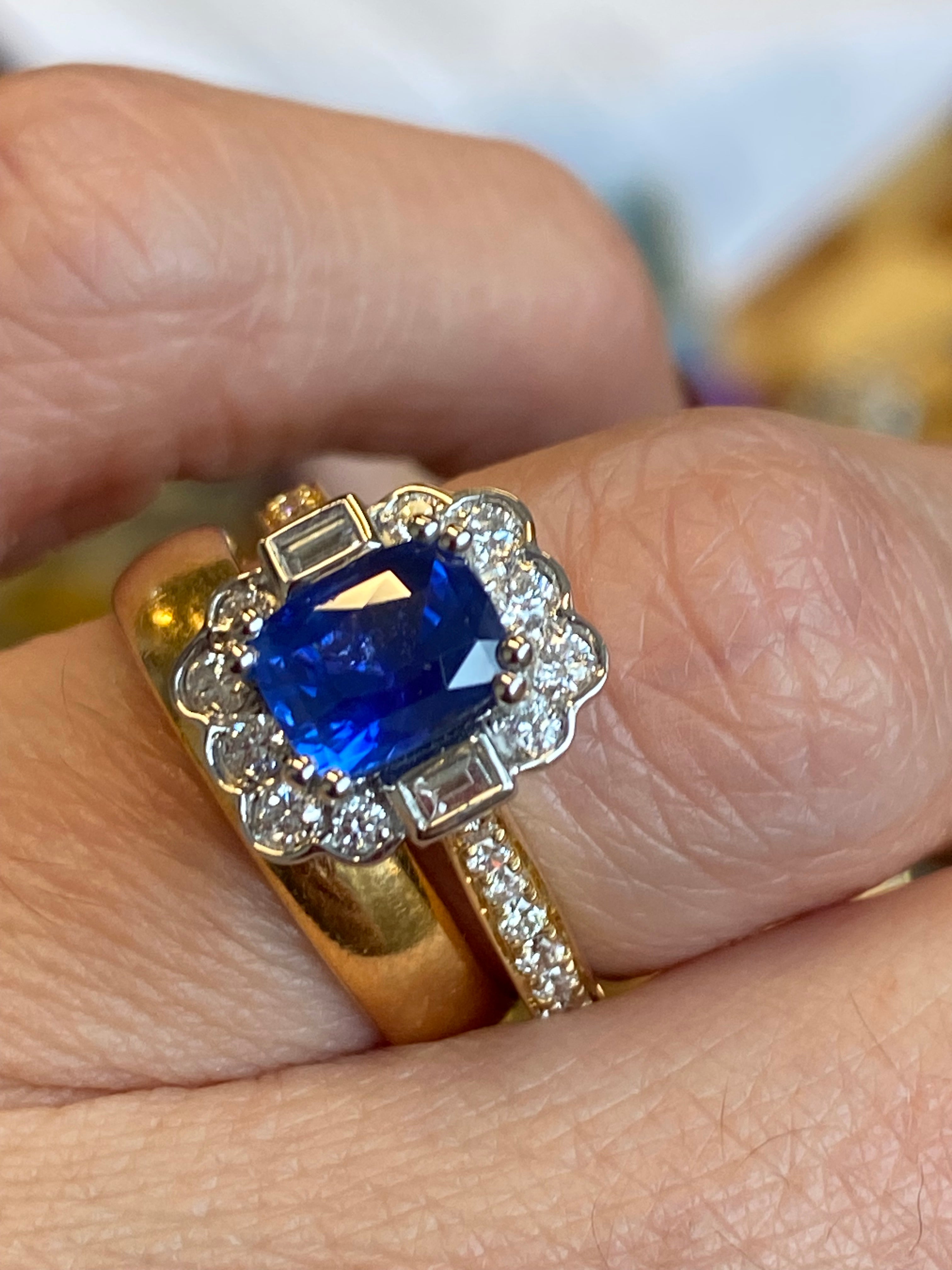 2.11 CTW Cushion Cut Ceylon Sapphire and Natural Diamond Ring in 18ct Yellow Gold