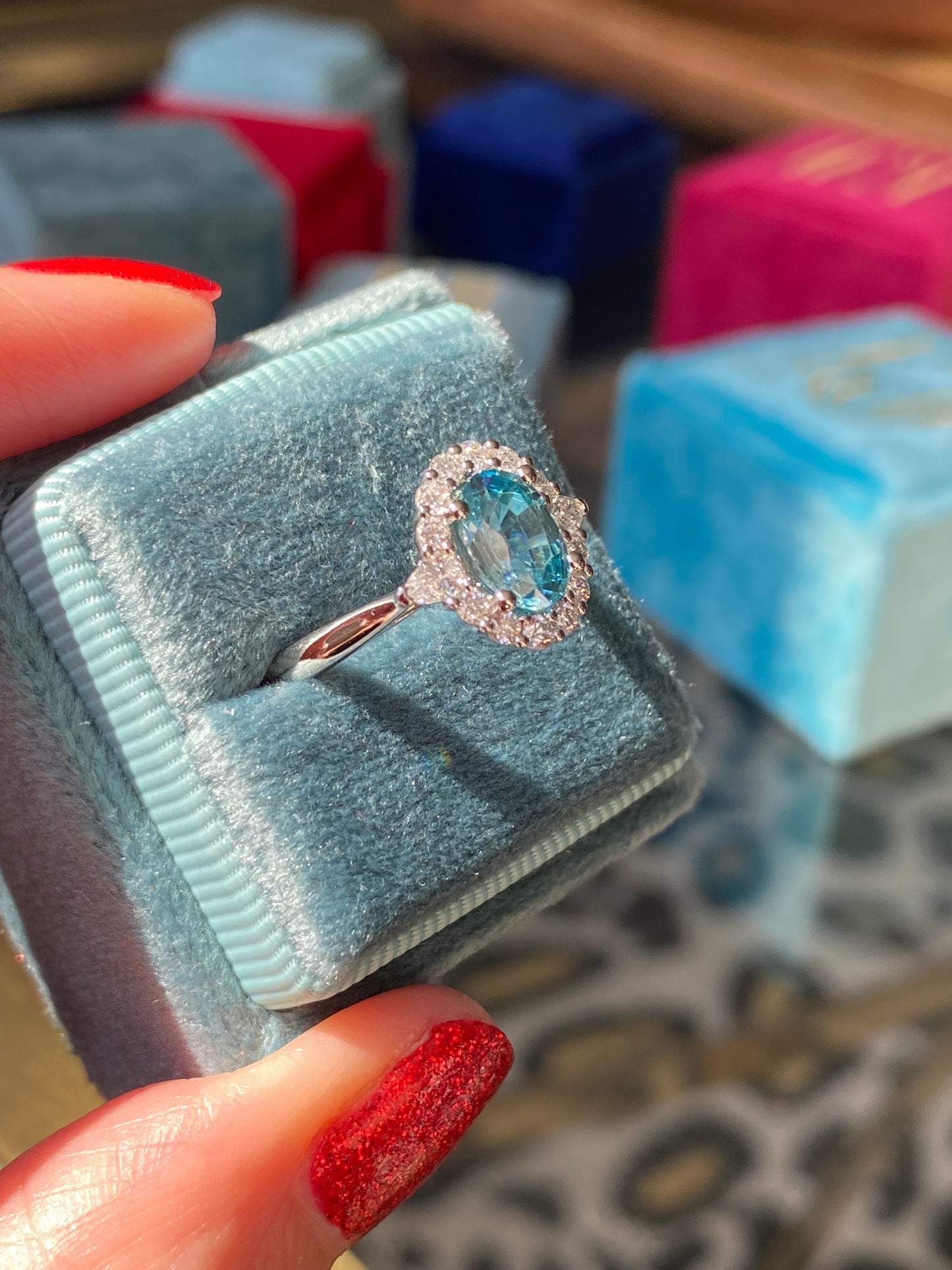 1.78 Carat Blue Zircon and Natural Diamond Halo Ring in Platinum