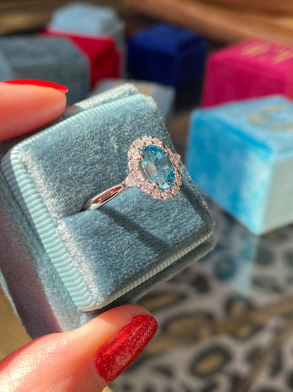 1.78 Carat Blue Zircon and Natural Diamond Halo Ring in Platinum