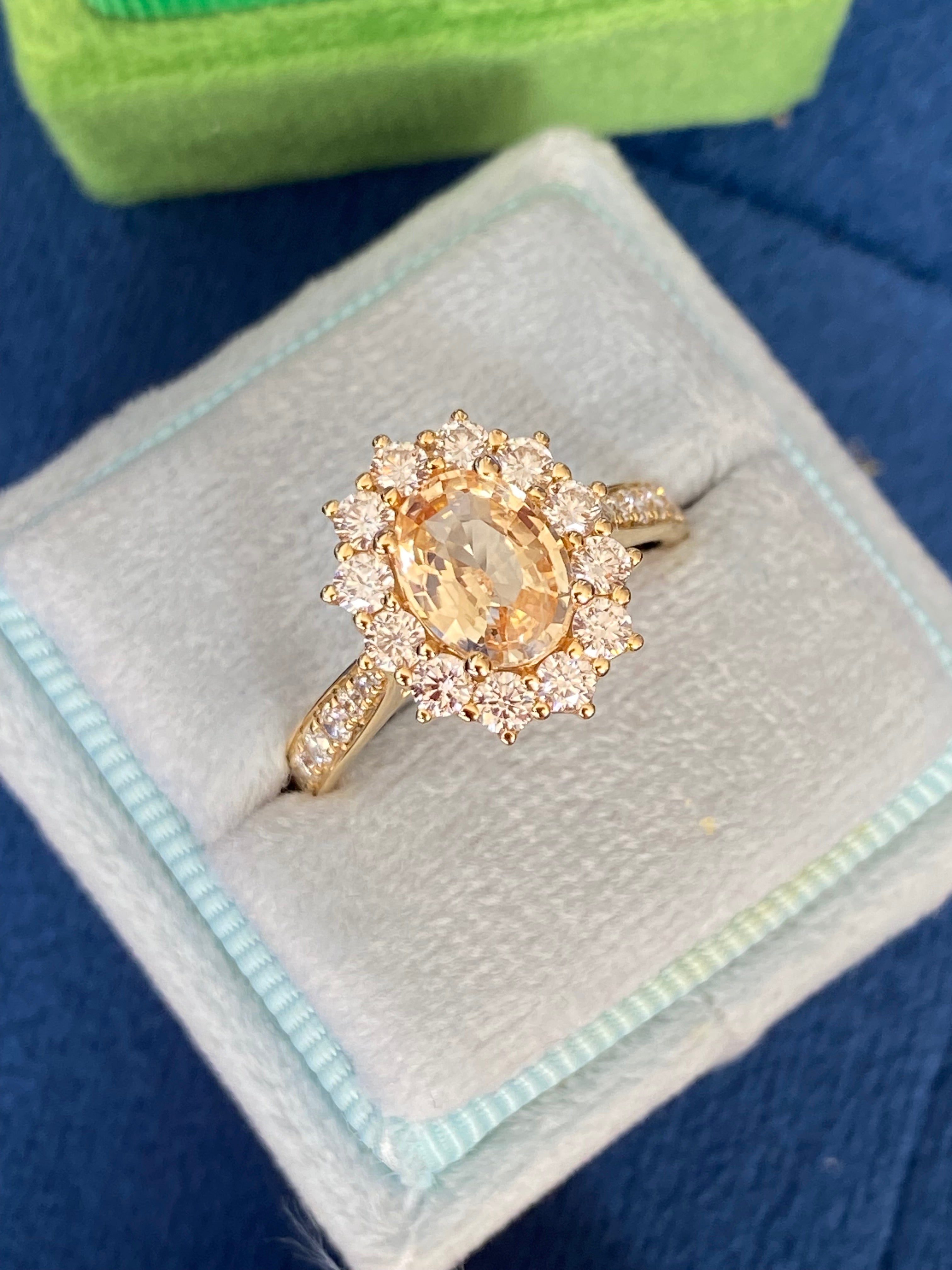 2.24 CTW Peach Sapphire and Natural Diamond Halo Ring in 18ct Yellow Gold